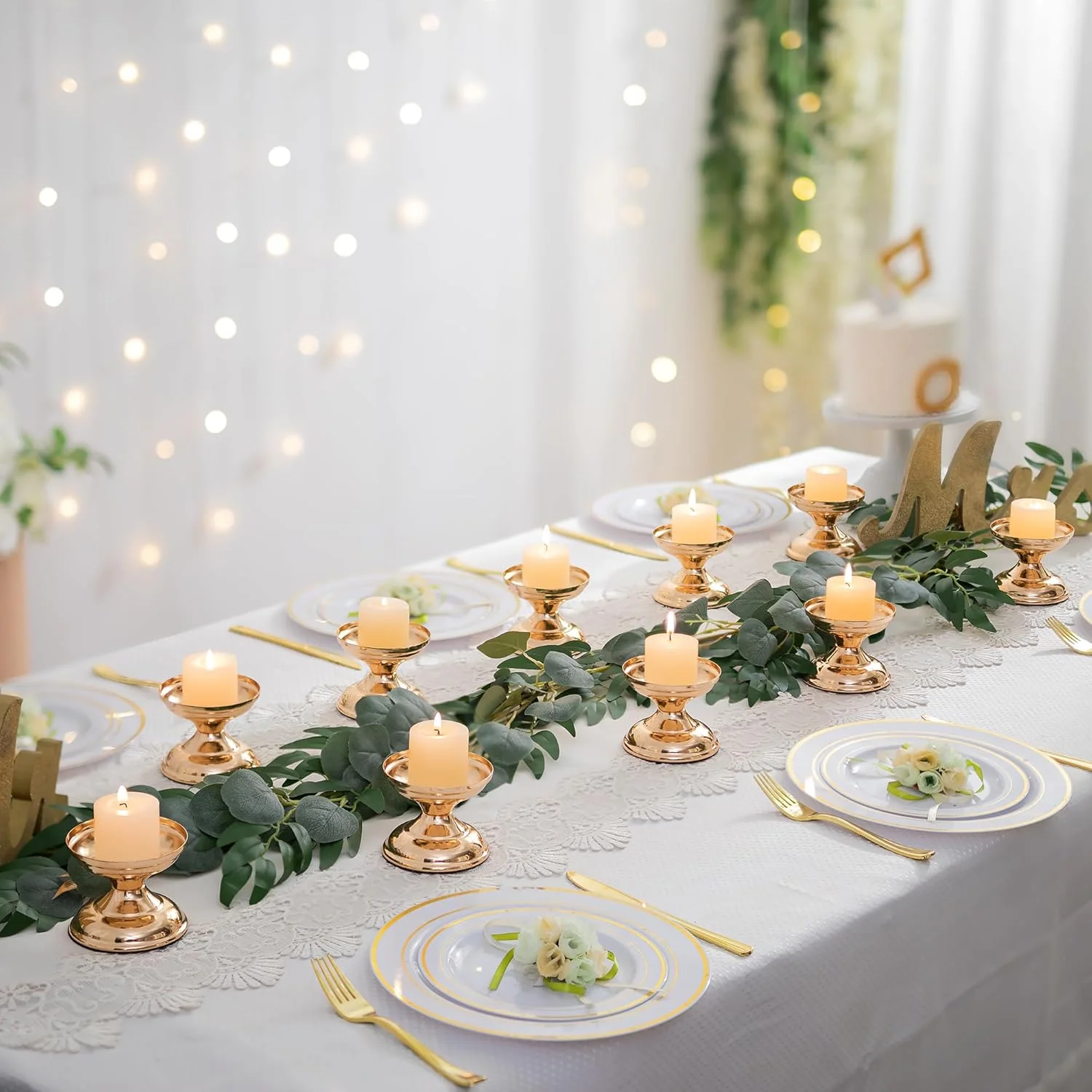 جاشمعی های فلزی طلایی Nuptio، پایه شمعدان بدون شعله، دکوری ایده آل برای عروسی ها، رویدادهای خاص، مهمانی ها، 2 عدد طلایی