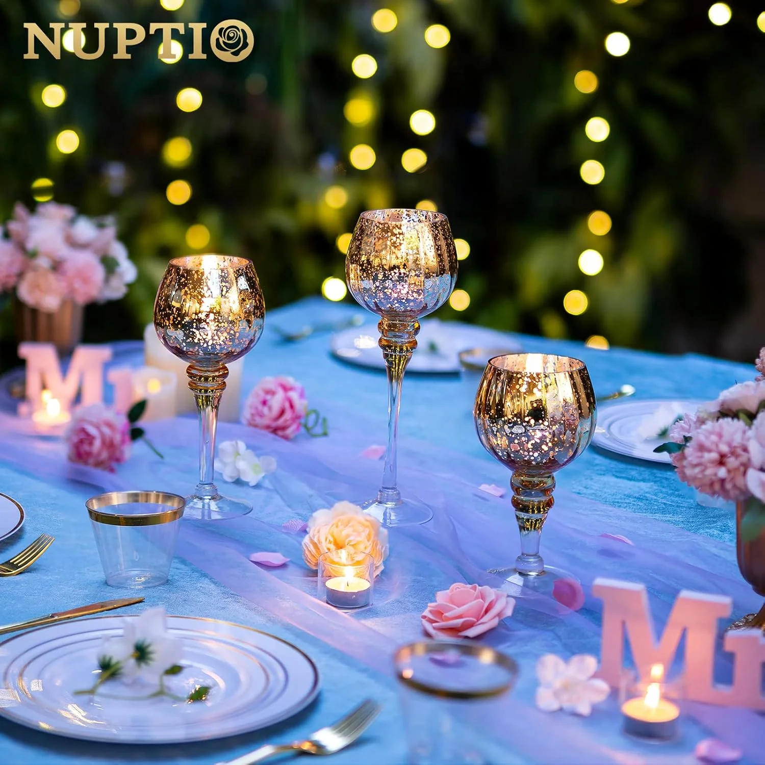 جاشمعی وارمر Nuptio، ست 3 عددی جاشمعی جیوه ای طلایی، جا شمعی شیشه ای وارمر عمده، جا شمعی تزئینی برای میز، دکوراسیون عروسی، مهمانی کریسمس، شکرگزاری، سالگرد