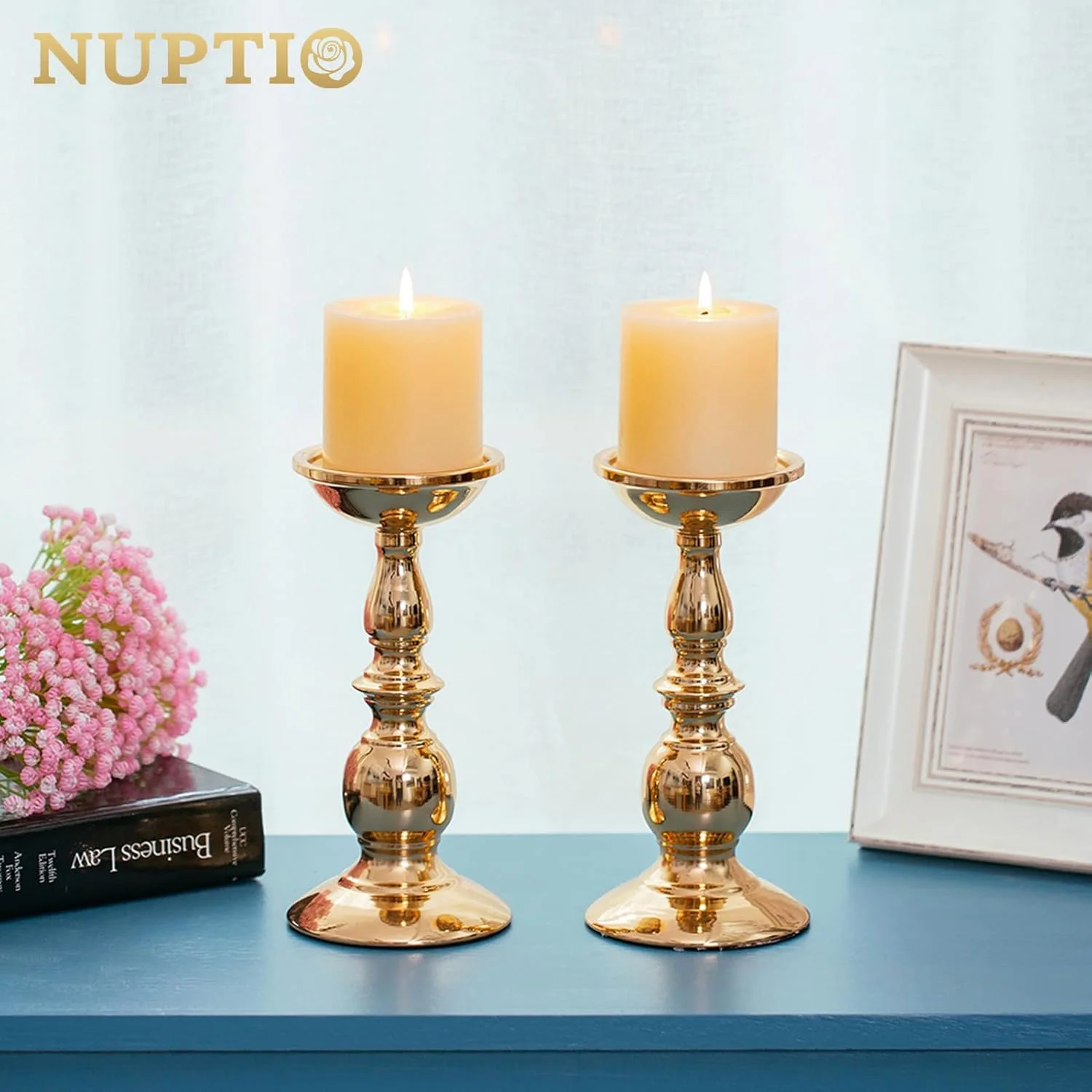جاشمعی های پایه دار طلایی Nuptio، 2 عدد، شمعدان طلایی ایده آل برای شمع های استوانه ای 3 اینچی، هدیه برای عروسی، مهمانی، خانه، اسپا، ریکی، شمع نذری (2 عدد x بزرگ)