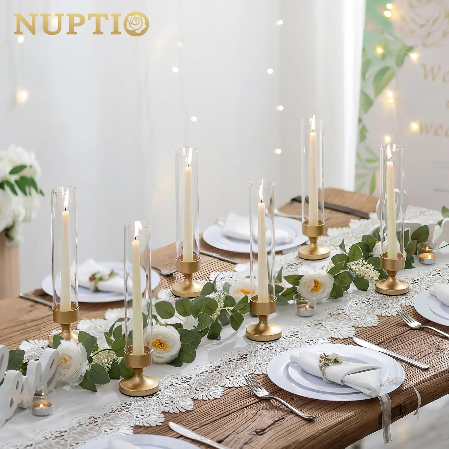 جاشمعی گردباد NUPTIO برای میز: ست 2 عددی جاشمعی فلزی باریک با استوانه های شیشه ای - جاشمعی های طلایی برای دکور میز شام ولنتاین تولد جاشمعی گردباد NUPTIO برای میز: ست 2 عددی جاشمعی فلزی باریک با استوانه های شیشه ای - جاشمعی های طلایی برای دکور میز شام ولنتاین تولد