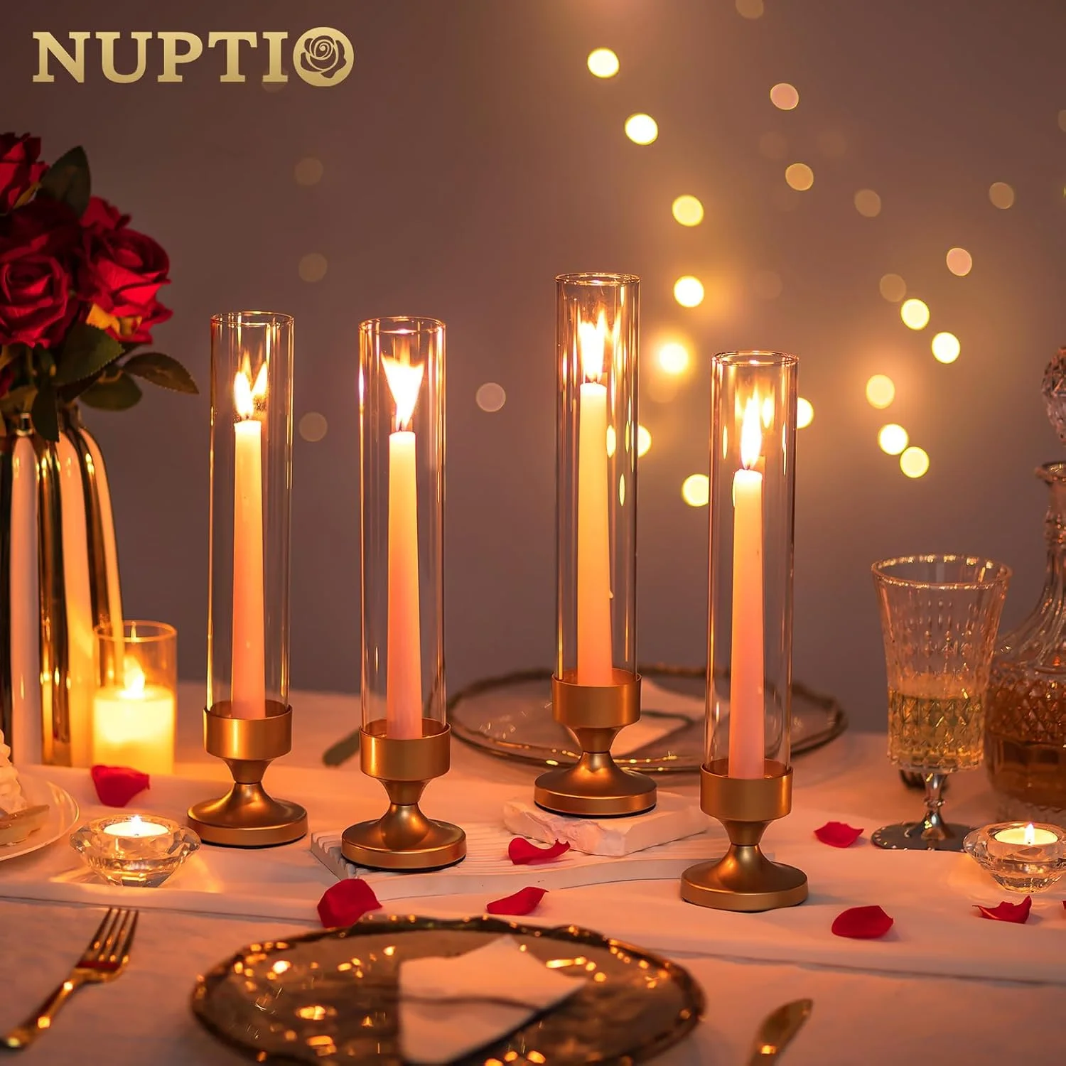جاشمعی گردباد NUPTIO برای میز: ست 2 عددی جاشمعی فلزی باریک با استوانه های شیشه ای - جاشمعی های طلایی برای دکور میز شام ولنتاین تولد جاشمعی گردباد NUPTIO برای میز: ست 2 عددی جاشمعی فلزی باریک با استوانه های شیشه ای - جاشمعی های طلایی برای دکور میز شام ولنتاین تولد