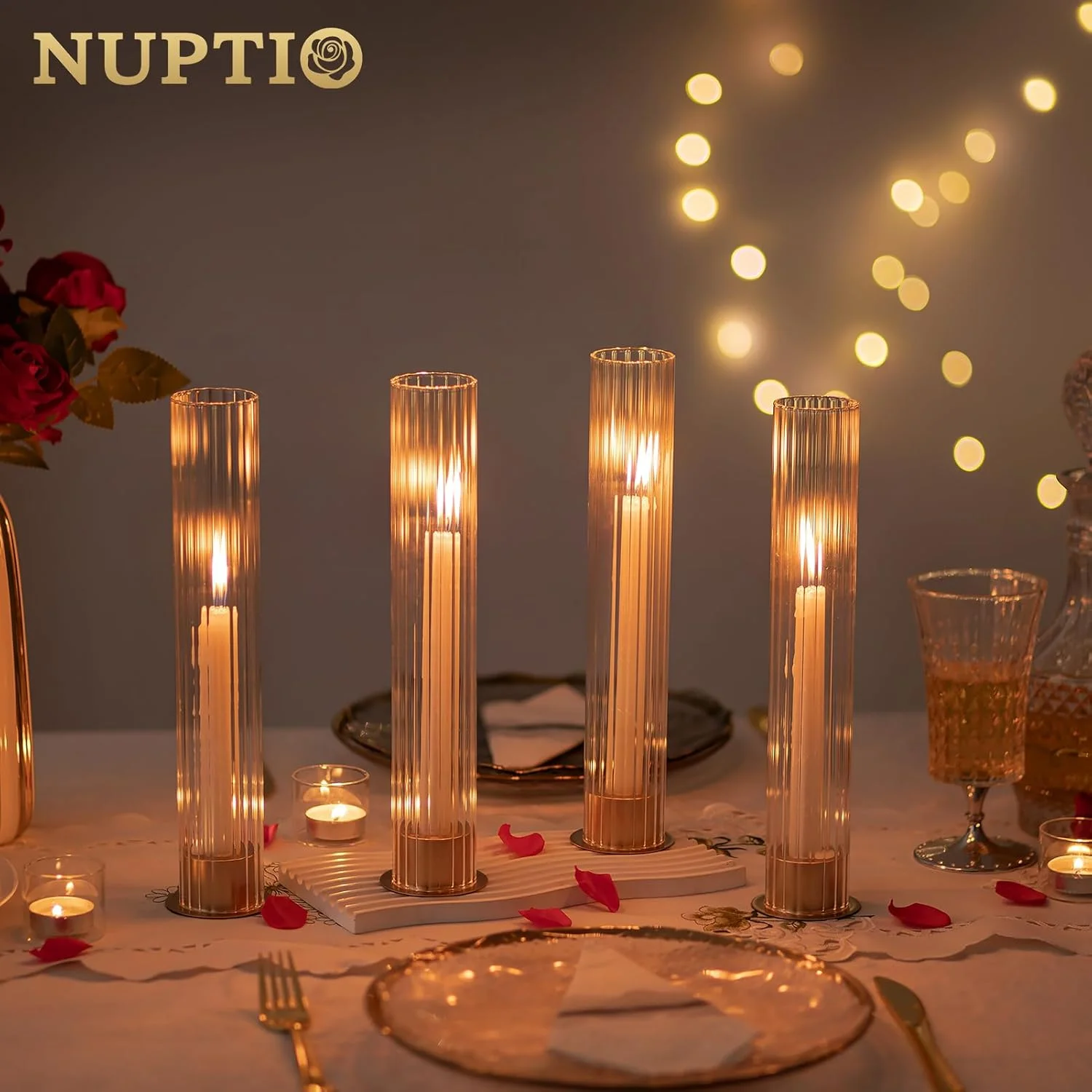 جاشمعی گردبادی NUPTIO برای میز: ست 10 عددی جاشمعی فلزی مخروطی با استوانه های شیشه ای راه راه - جاشمعی های طلایی عمده برای تزئین میز شام عروسی مهمانی در فضای باز جاشمعی گردبادی NUPTIO برای میز: ست 10 عددی جاشمعی فلزی مخروطی با استوانه های شیشه ای راه راه - جاشمعی های طلایی عمده برای تزئین میز شام عروسی مهمانی در فضای باز