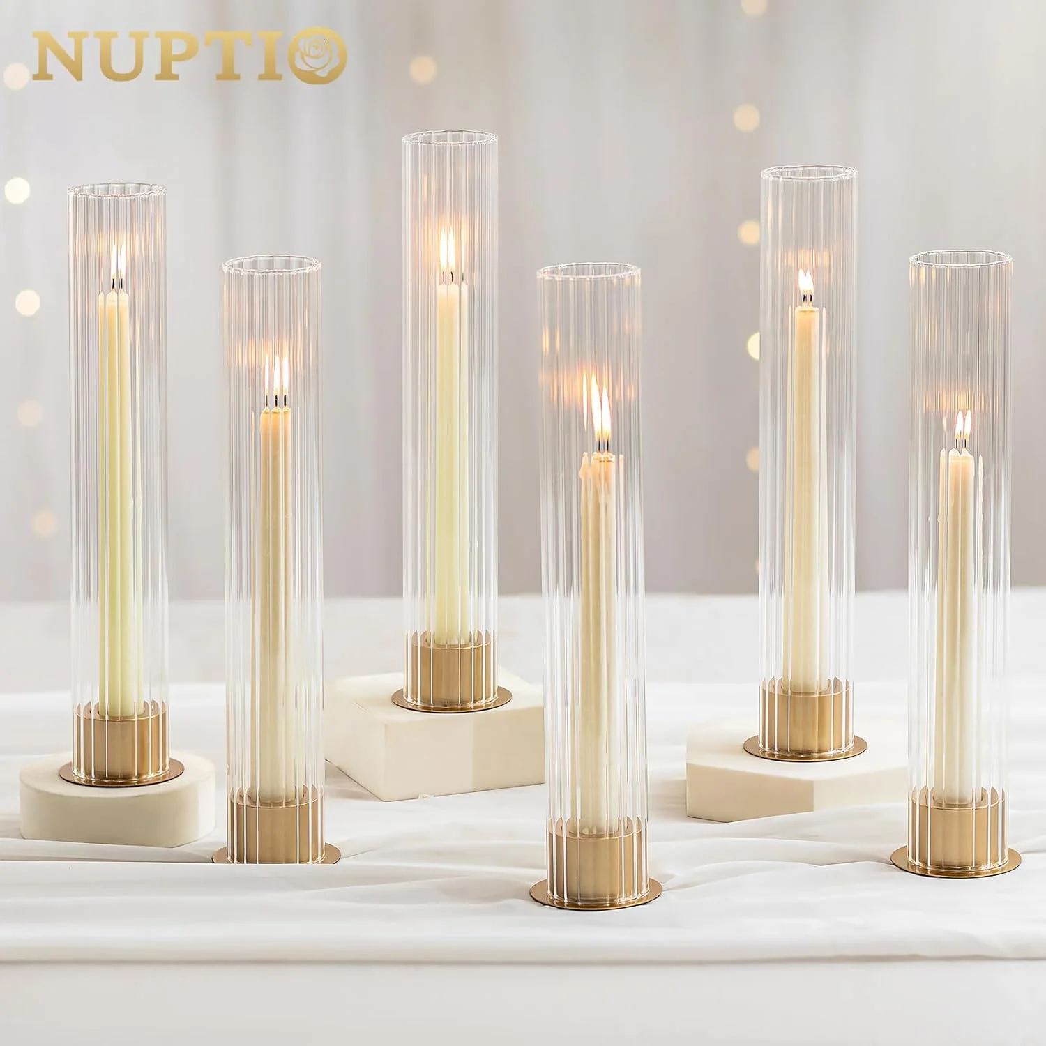 جاشمعی گردبادی NUPTIO برای میز: ست 10 عددی جاشمعی فلزی مخروطی با استوانه های شیشه ای راه راه - جاشمعی های طلایی عمده برای تزئین میز شام عروسی مهمانی در فضای باز جاشمعی گردبادی NUPTIO برای میز: ست 10 عددی جاشمعی فلزی مخروطی با استوانه های شیشه ای راه راه - جاشمعی های طلایی عمده برای تزئین میز شام عروسی مهمانی در فضای باز