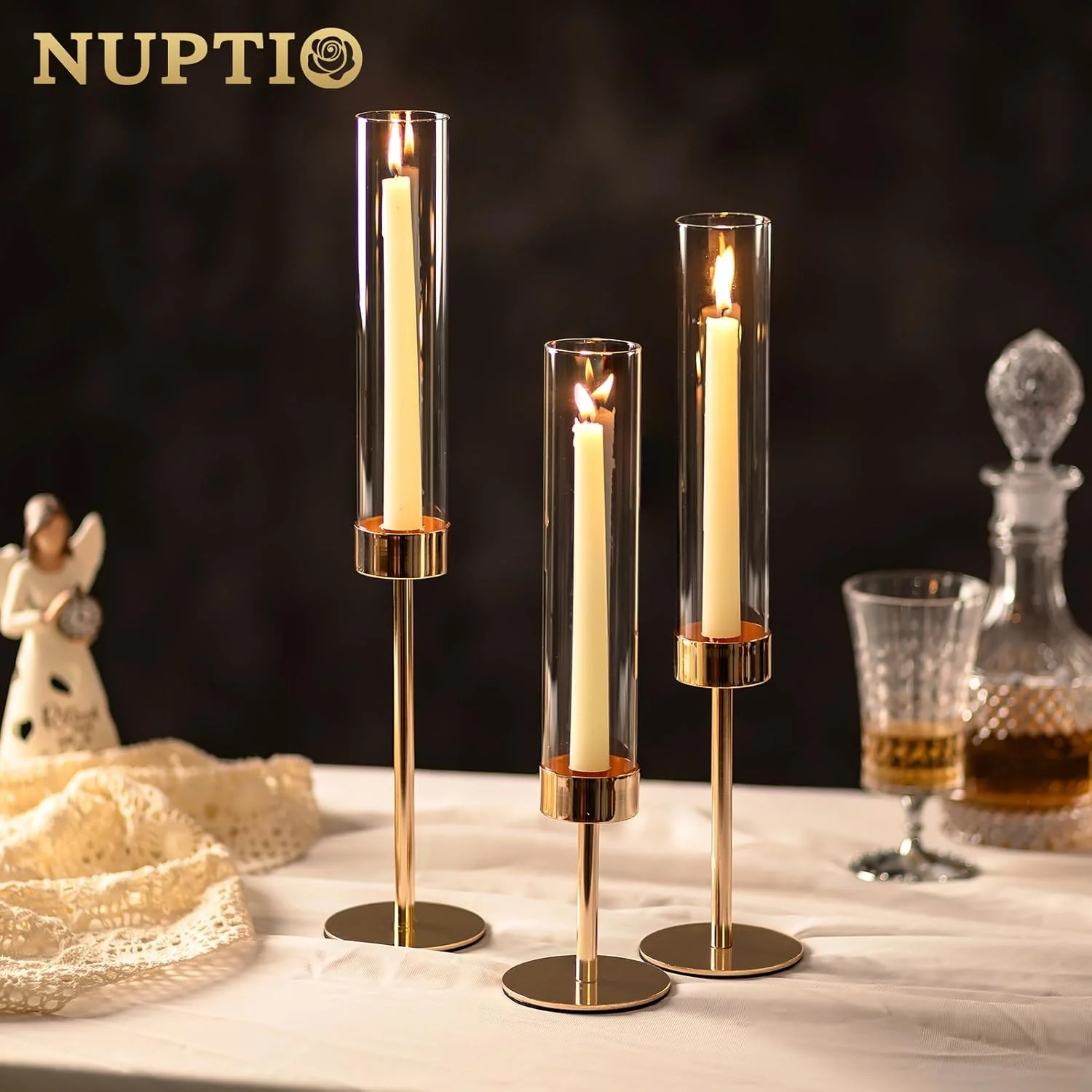 جاشمعی های گردبادی NUPTIO برای تزیین میز: 3 عدد جاشمعی طلایی باریک با شیشه شفاف - جاشمعی های بلند برای دکوراسیون فضای باز جشن تولد جاشمعی های گردبادی NUPTIO برای تزیین میز: 3 عدد جاشمعی طلایی باریک با شیشه شفاف - جاشمعی های بلند برای دکوراسیون فضای باز جشن تولد