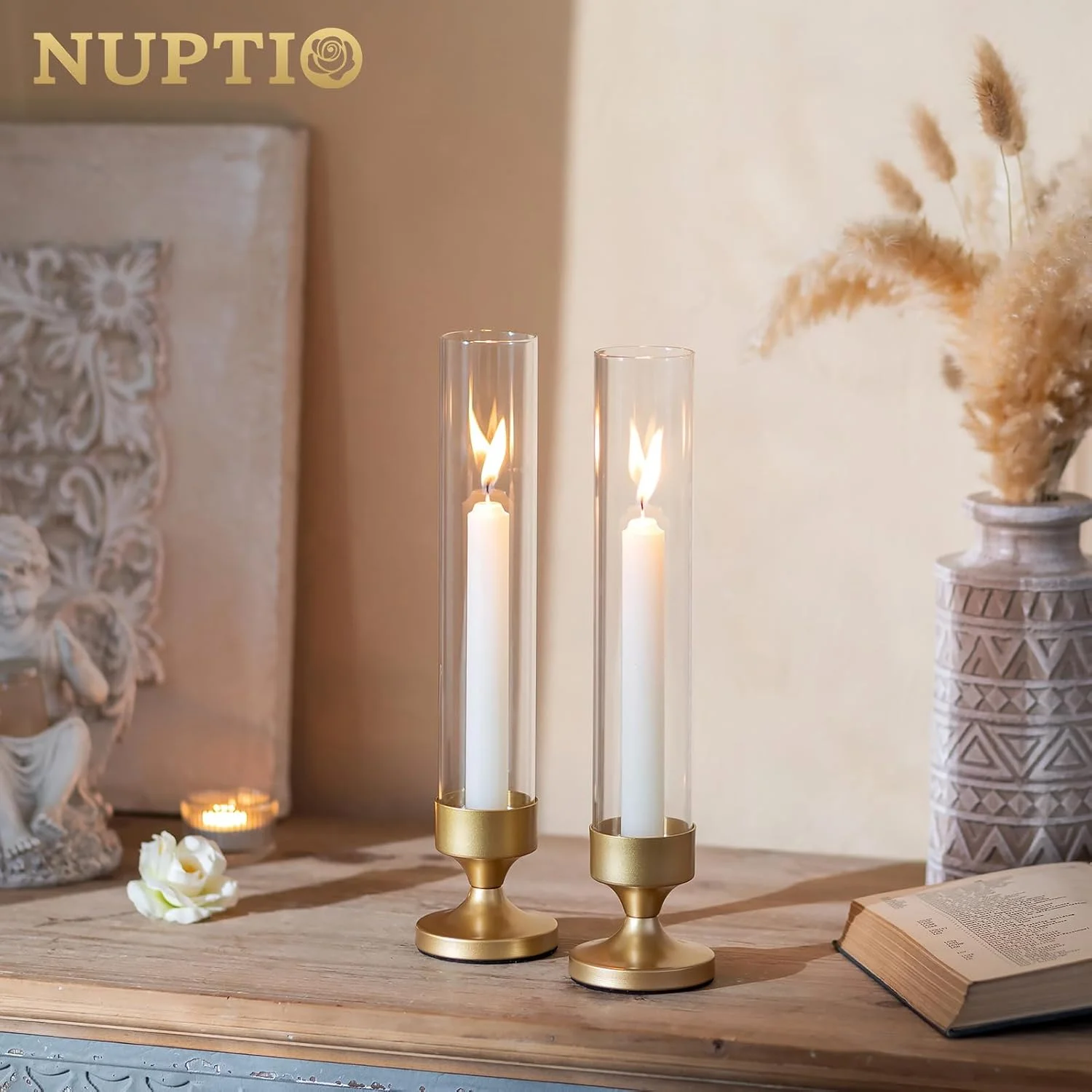 جاشمعی گردباد NUPTIO برای میز: ست 2 عددی جاشمعی فلزی باریک با استوانه های شیشه ای - جاشمعی های طلایی برای دکور میز شام ولنتاین تولد جاشمعی گردباد NUPTIO برای میز: ست 2 عددی جاشمعی فلزی باریک با استوانه های شیشه ای - جاشمعی های طلایی برای دکور میز شام ولنتاین تولد