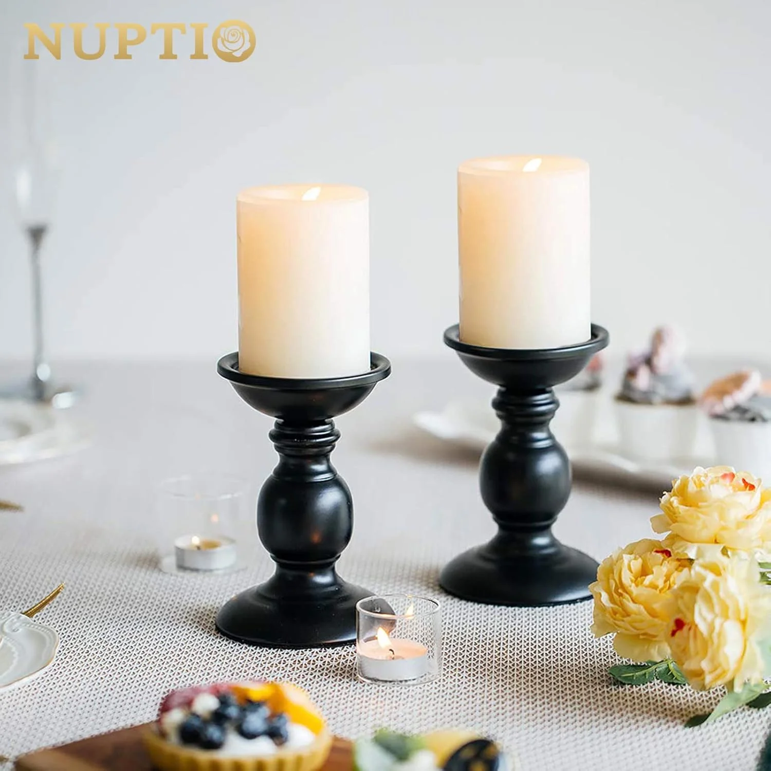 جاشمعی پایه دار مشکی Nuptio، بسته 2 عددی، ایده آل برای شمع های استوانه ای 3 اینچی، هدیه برای عروسی، مهمانی، خانه، اسپا، ریکی، شمع نذری (2 عدد سایز کوچک)