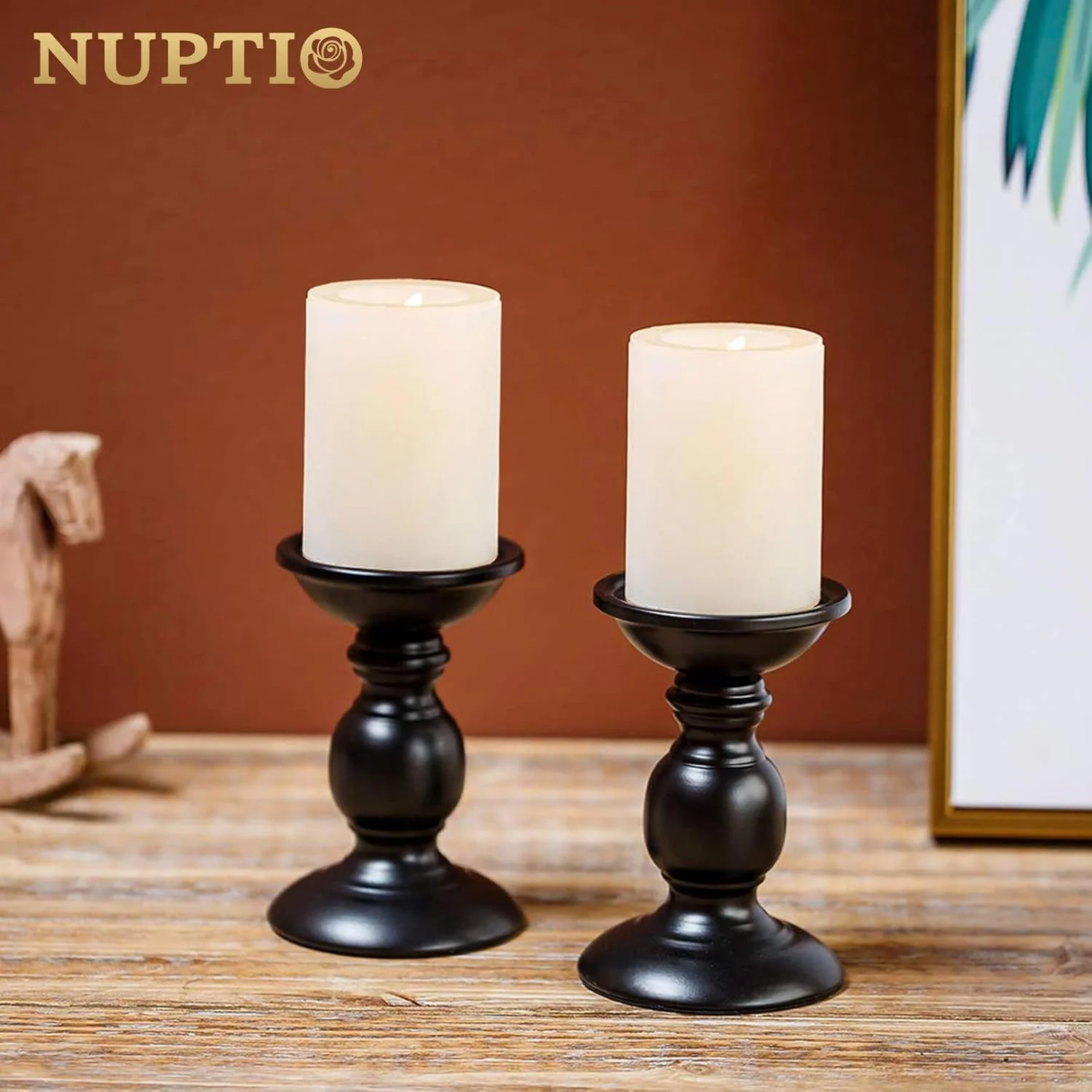 جاشمعی پایه دار مشکی Nuptio، بسته 2 عددی، ایده آل برای شمع های استوانه ای 3 اینچی، هدیه برای عروسی، مهمانی، خانه، اسپا، ریکی، شمع نذری (2 عدد سایز کوچک)