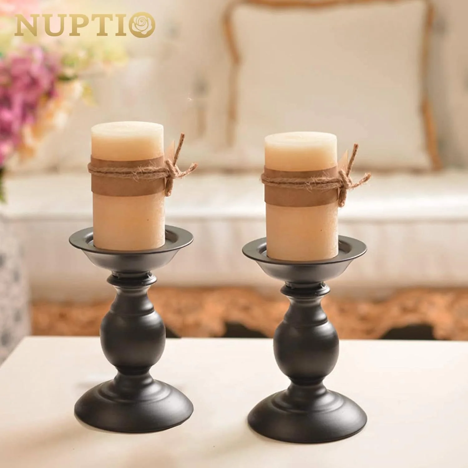 جاشمعی پایه دار مشکی Nuptio، بسته 2 عددی، ایده آل برای شمع های استوانه ای 3 اینچی، هدیه برای عروسی، مهمانی، خانه، اسپا، ریکی، شمع نذری (2 عدد سایز کوچک)