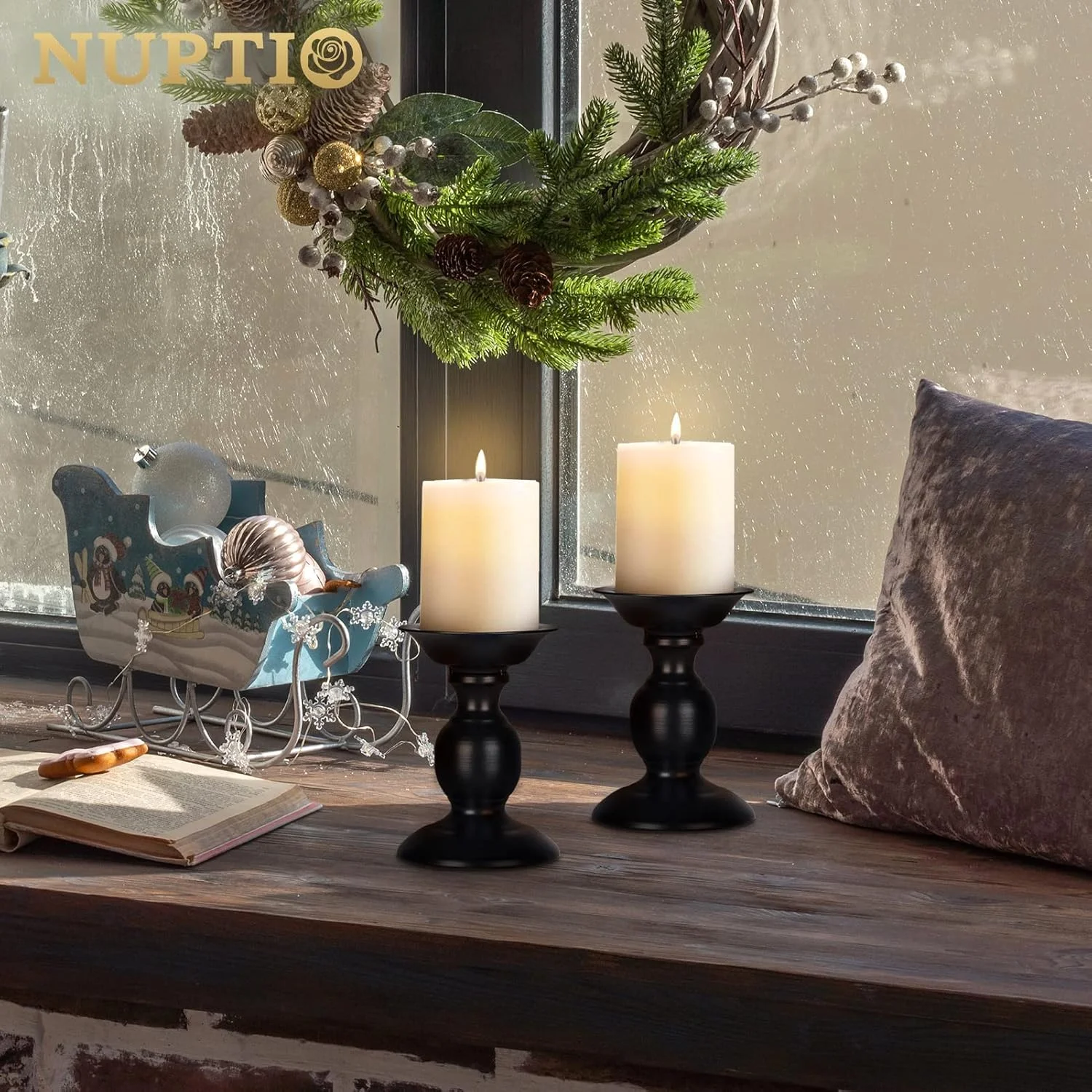 جاشمعی پایه دار مشکی Nuptio، بسته 2 عددی، ایده آل برای شمع های استوانه ای 3 اینچی، هدیه برای عروسی، مهمانی، خانه، اسپا، ریکی، شمع نذری (2 عدد سایز کوچک)