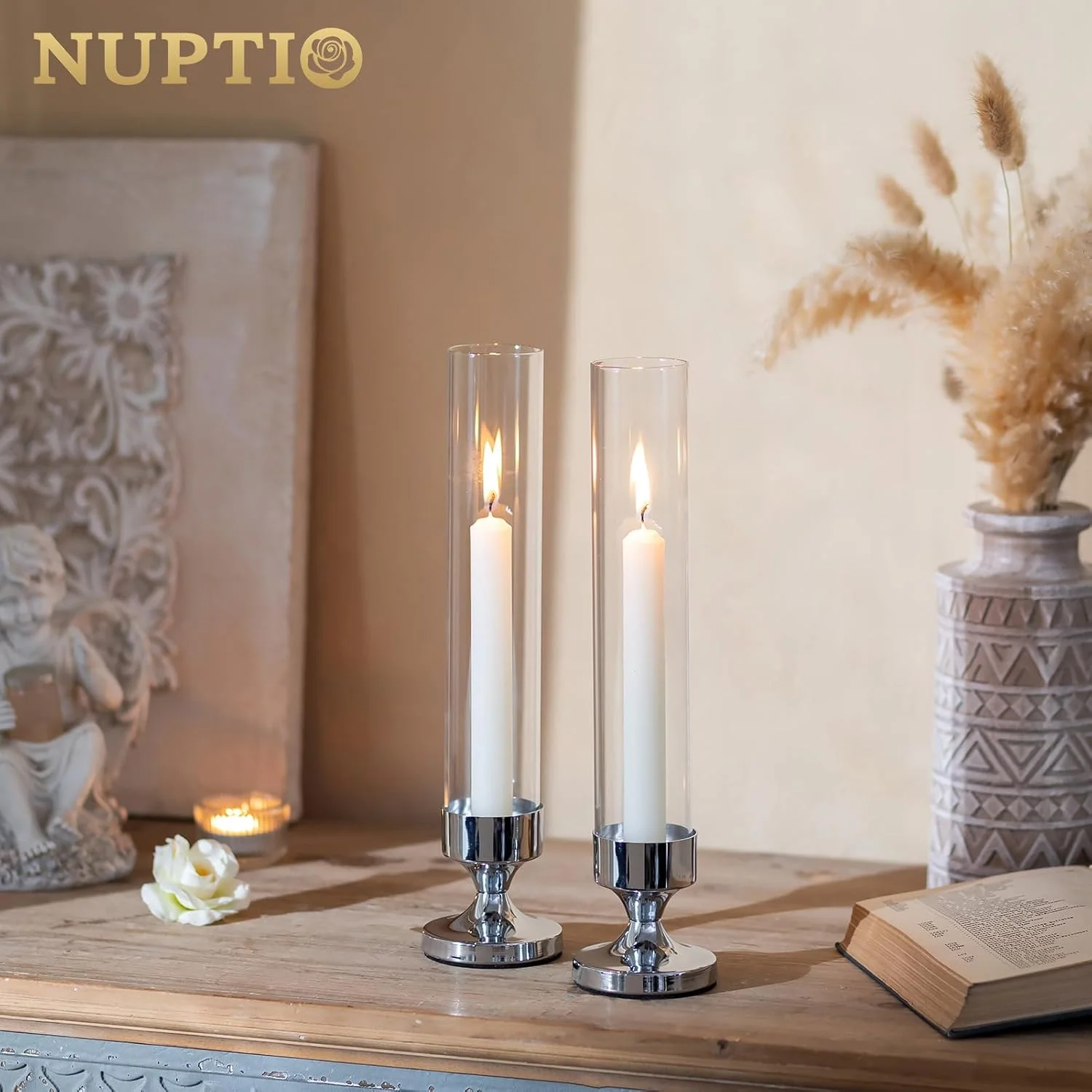 جاشمعی شیشه ای گردباد NUPTIO: جاشمعی نقره ای پایه بلند شمعدان استوانه شیشه ای - ست 2 عددی برای میزهای عروسی، شومینه، دکور میز غذاخوری جاشمعی شیشه ای گردباد NUPTIO: جاشمعی نقره ای پایه بلند شمعدان استوانه شیشه ای - ست 2 عددی برای میزهای عروسی، شومینه، دکور میز غذاخوری