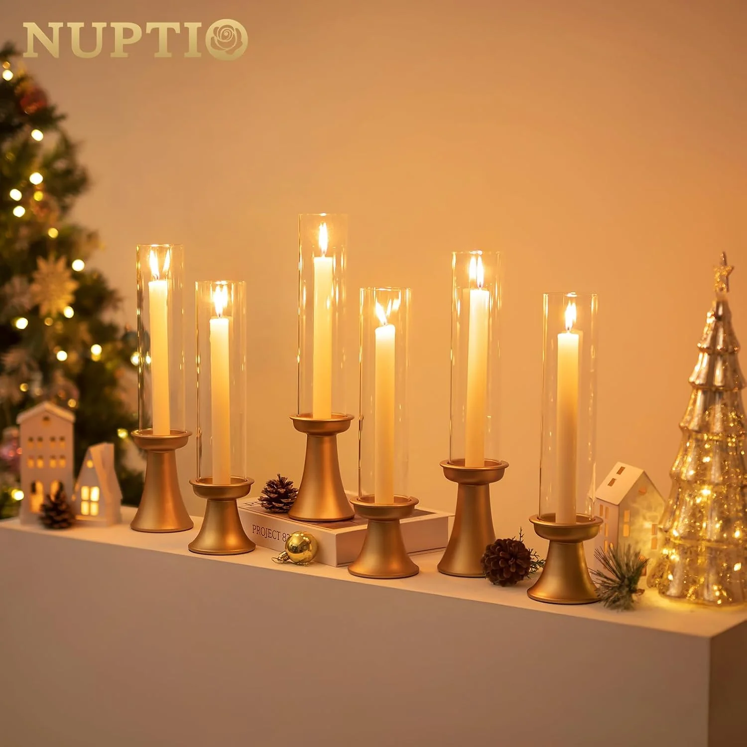 جاشمعی شمعدانی باریک NUPTIO طلایی: ست 2 عددی جاشمعی با پوشش شیشه ای طوفانی - پایه شمعدان فلزی بلند برای دکوراسیون منزل، کریسمس، شومینه فصلی و اتاق نشیمن جاشمعی شمعدانی باریک NUPTIO طلایی: ست 2 عددی جاشمعی با پوشش شیشه ای طوفانی - پایه شمعدان فلزی بلند برای دکوراسیون منزل، کریسمس، شومینه فصلی و اتاق نشیمن