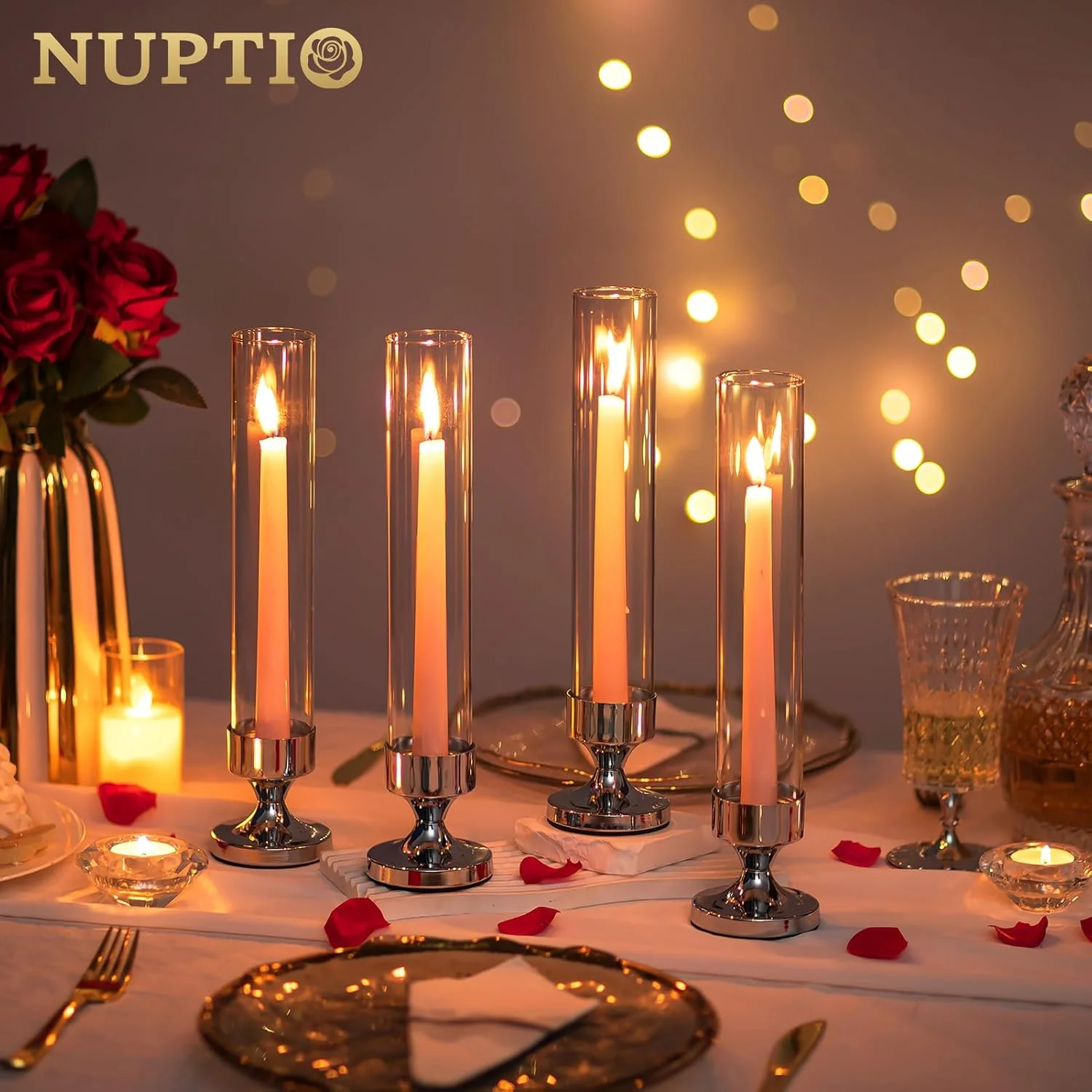 جاشمعی شیشه ای گردباد NUPTIO: جاشمعی نقره ای پایه بلند شمعدان استوانه شیشه ای - ست 2 عددی برای میزهای عروسی، شومینه، دکور میز غذاخوری جاشمعی شیشه ای گردباد NUPTIO: جاشمعی نقره ای پایه بلند شمعدان استوانه شیشه ای - ست 2 عددی برای میزهای عروسی، شومینه، دکور میز غذاخوری