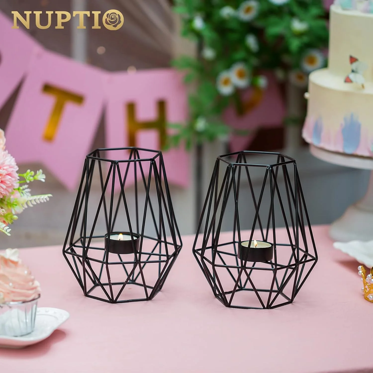 Nuptio 2 عدد جاشمعی وارمر مشکی برای اتاق نشیمن، جاشمعی هندسی شش ضلعی، دکوراسیون میز عروسی، جاشمعی نذری برای جشن تولد، دکوراسیون منزل
