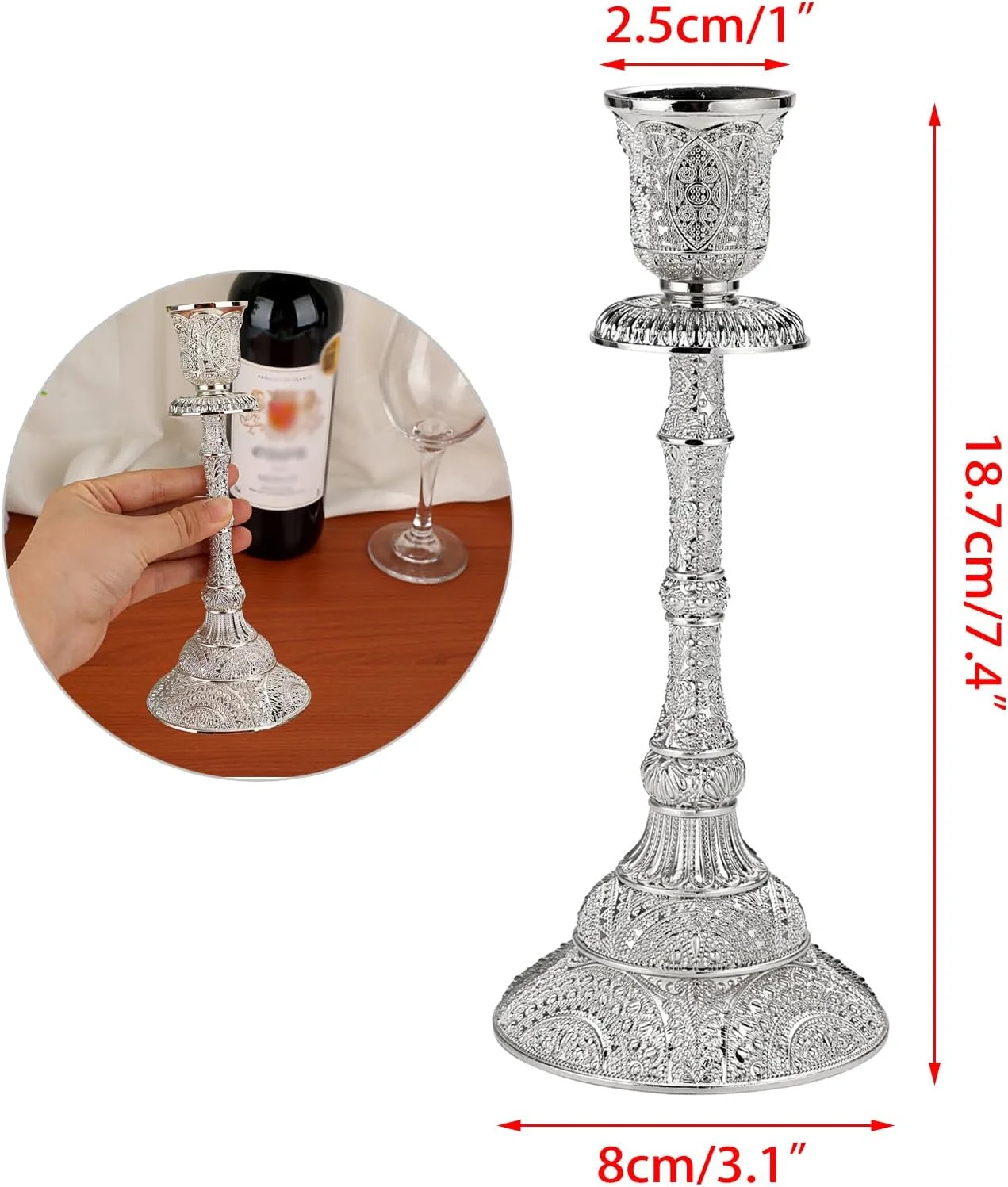 اون‌مای ست 2 عددی شمعدان مخروطی فلزی، شمعدان‌های پایه دار وینتیج 7.4 اینچی، شمعدان‌های برنجی شیک، دکوراسیون ست شمعدان برای میز غذاخوری، دکوراسیون عروسی و منزل، نقره‌ای