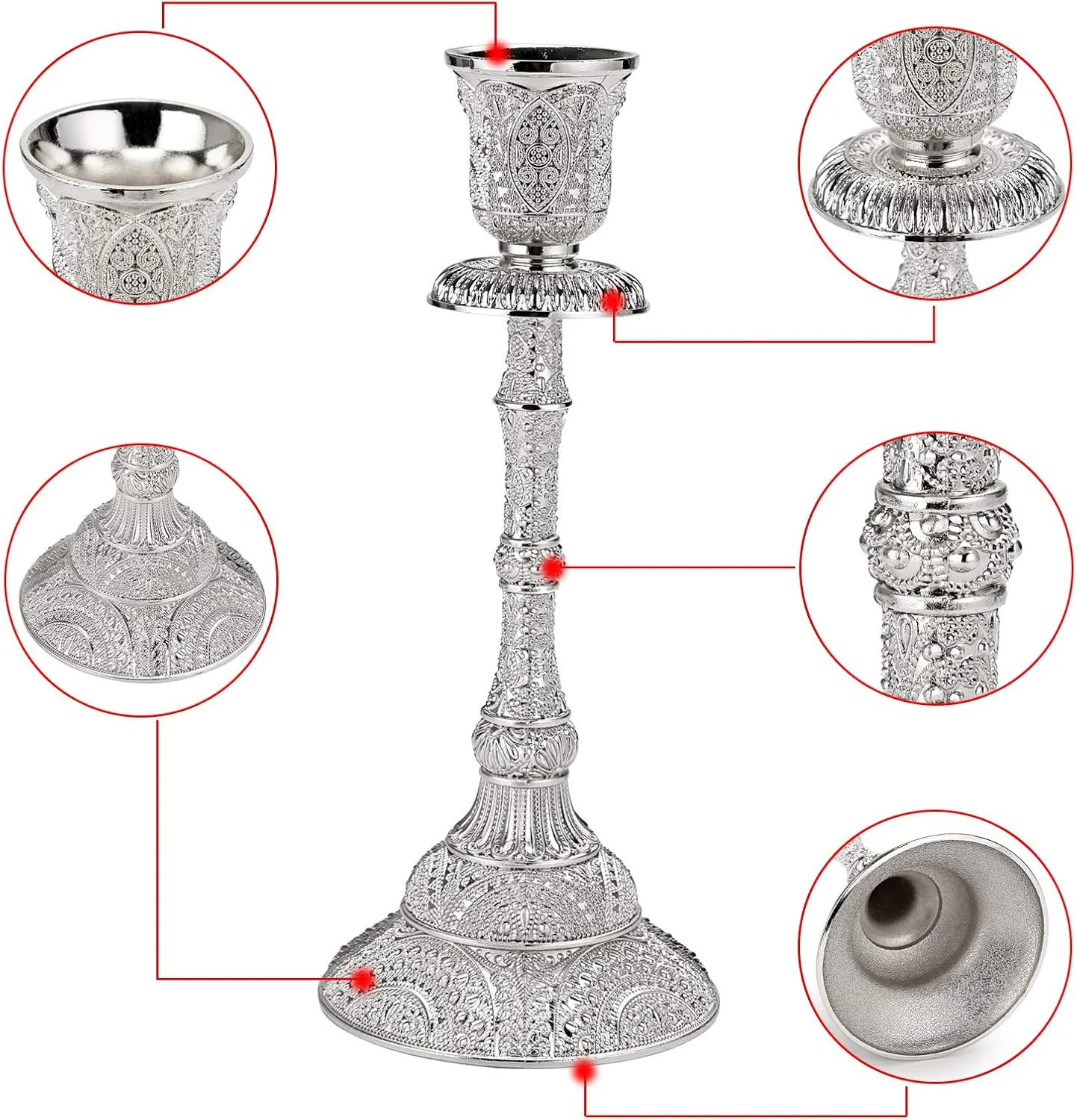 اون‌مای ست 2 عددی شمعدان مخروطی فلزی، شمعدان‌های پایه دار وینتیج 7.4 اینچی، شمعدان‌های برنجی شیک، دکوراسیون ست شمعدان برای میز غذاخوری، دکوراسیون عروسی و منزل، نقره‌ای
