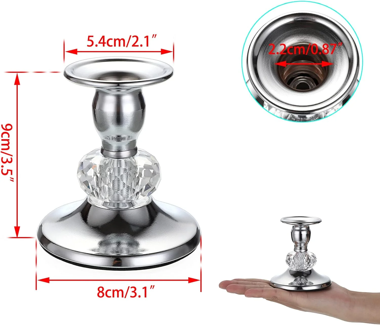 اون‌مای، ست 2 عددی شمعدان فلزی نقره‌ای، شمعدان‌های مخروطی برنجی وینتیج، پایه‌های شمع کریستالی فلزی، ست شمعدان‌های شیک برای دکور شمع میز غذاخوری و شومینه