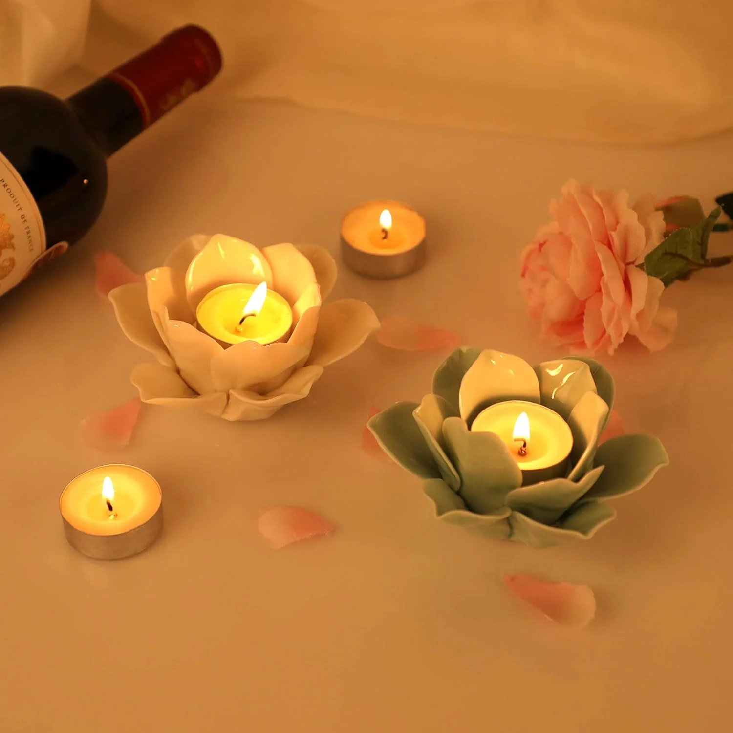 جاشمعی لوتوس سرامیکی OwnMy با قطر 4.5 اینچ، جاشمعی گلبرگ لوتوس، شمعدان، جاشمعی وارمر گل لوتوس، جا لامپی شمعی با جعبه هدیه برای دکوراسیون منزل، مهمانی عروسی (سفید)