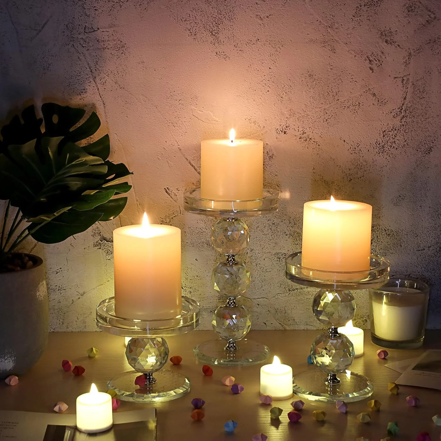 مجموعه 3 عددی شمعدان های کریستالی OwnMy، جا شمعی های پایه دار شیشه ای شفاف، ست های جا شمعی وارمر، شمعدان مدرن برای دکوراسیون اتاق نشیمن و عروسی