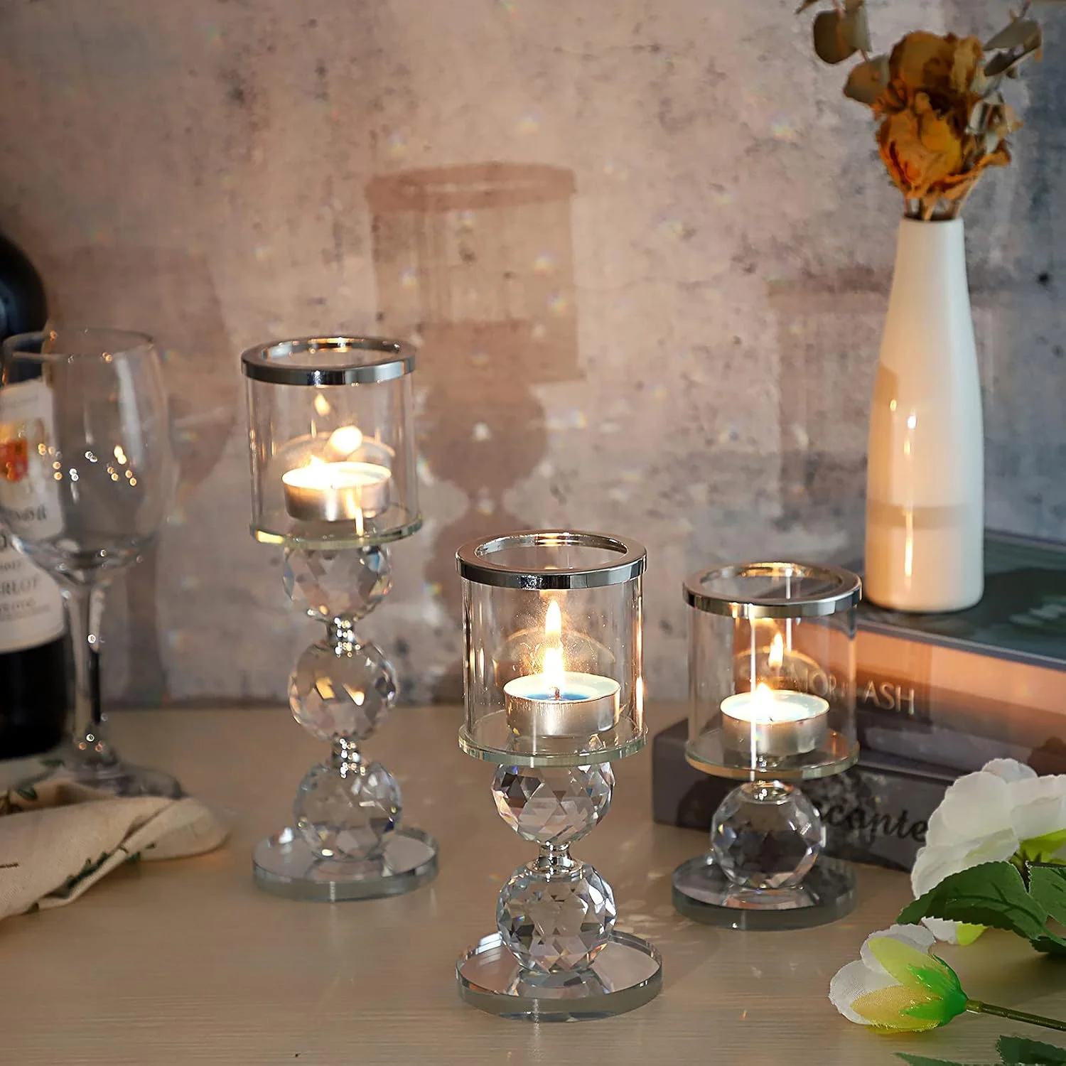 ست 3 عددی جا شمعی کریستالی OwnMy، جا شمعی های پایه دار شیشه ای با روکش شیشه ای، جا شمعی های مدرن شیشه ای شفاف برای شمع های وارمر، پایه شمع های نذری برای دکوراسیون میز، دکوراسیون عروسی (نقره ای) ست 3 عددی جا شمعی کریستالی OwnMy، جا شمعی های پایه دار شیشه ای با روکش شیشه ای، جا شمعی های مدرن شیشه ای شفاف برای شمع های وارمر، پایه شمع های نذری برای دکوراسیون میز، دکوراسیون عروسی (نقره ای)