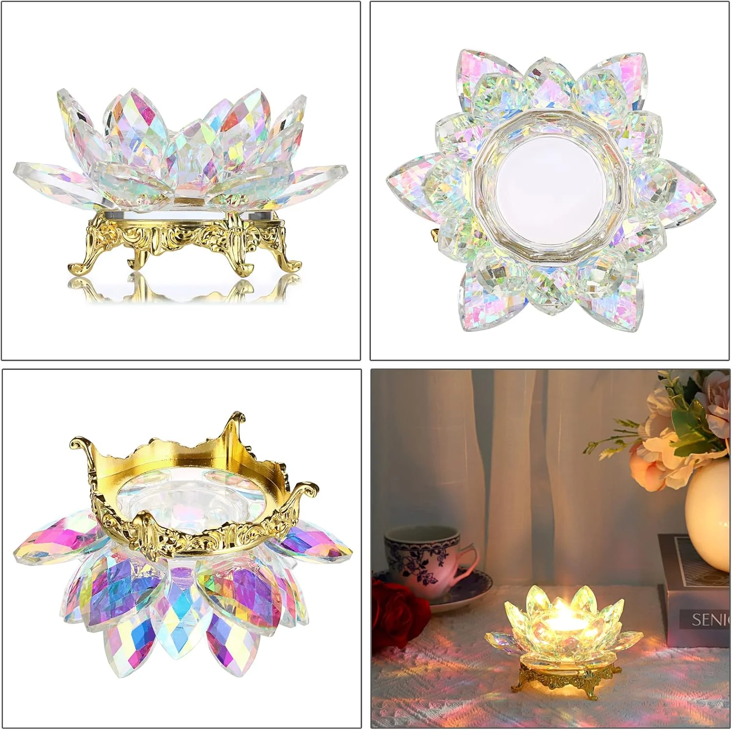 جاشمعی لوتوس کریستالی OwnMy، جای وارمر گل لوتوس با پایه فلزی طلایی، شمعدان شیشه ای لوتوس برای دکوراسیون میز، دکوراسیون عروسی (رنگ AB) جاشمعی لوتوس کریستالی OwnMy، جای وارمر گل لوتوس با پایه فلزی طلایی، شمعدان شیشه ای لوتوس برای دکوراسیون میز، دکوراسیون عروسی (رنگ AB)