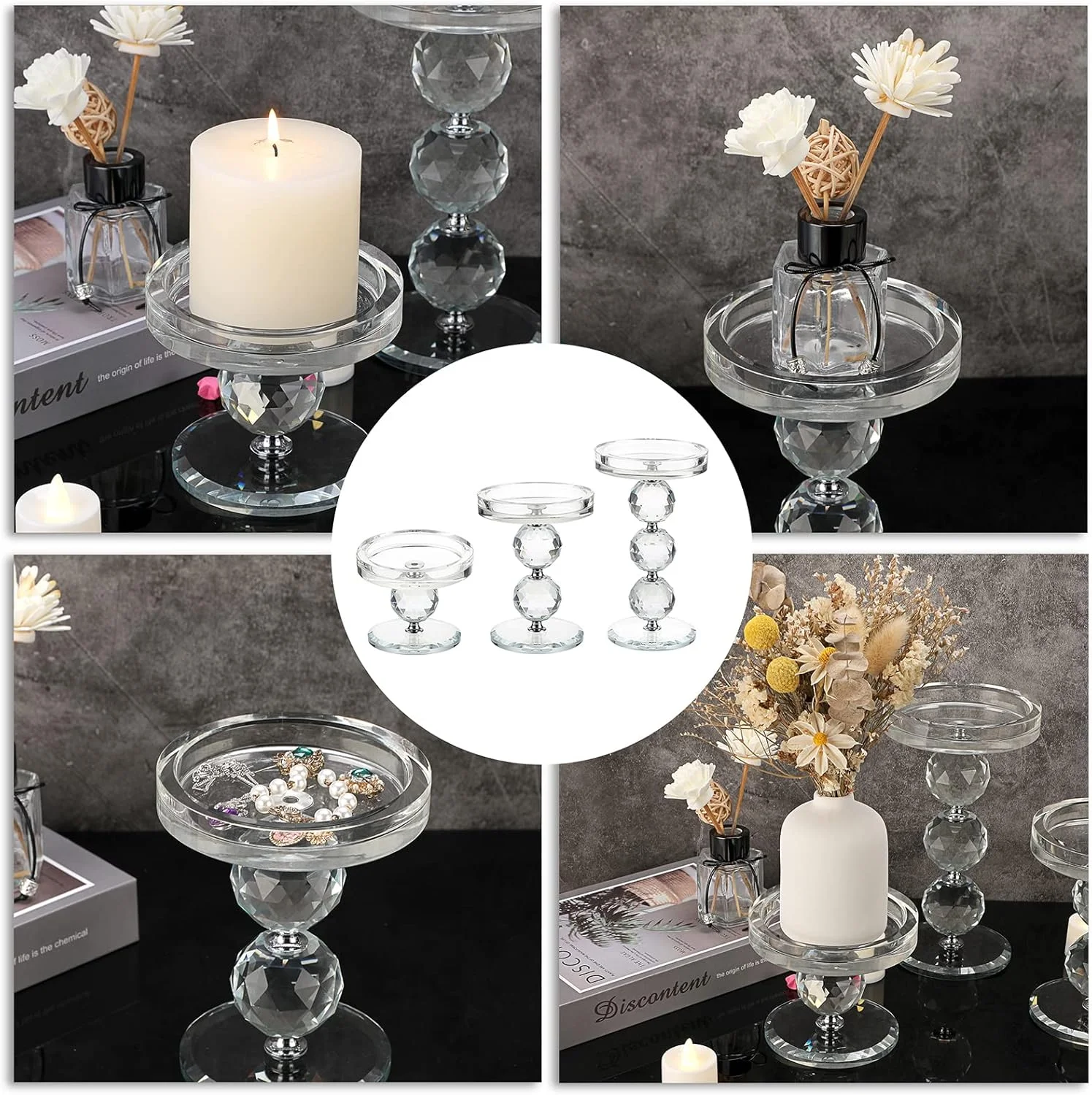 مجموعه 3 عددی شمعدان های کریستالی OwnMy، جا شمعی های پایه دار شیشه ای شفاف، ست های جا شمعی وارمر، شمعدان مدرن برای دکوراسیون اتاق نشیمن و عروسی