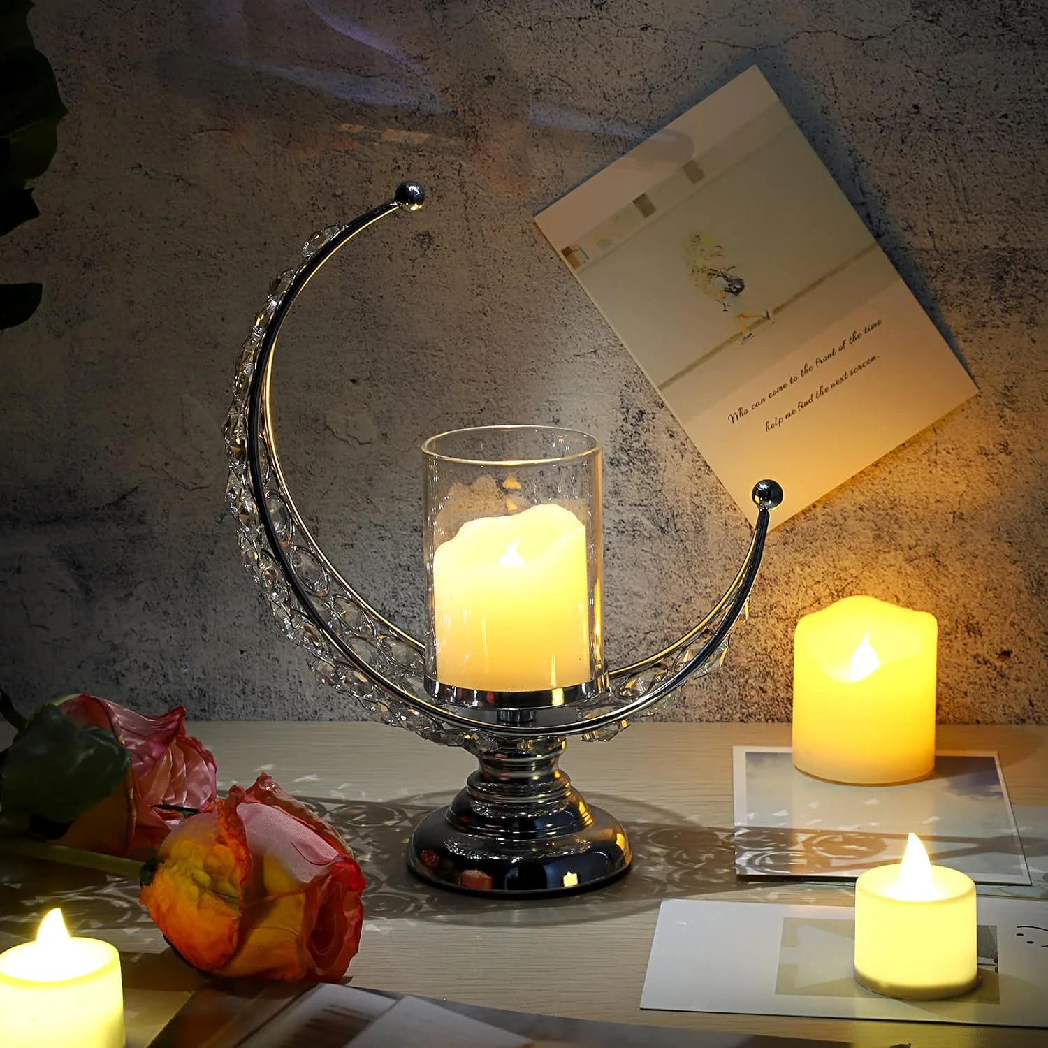 جاشمعی کریستالی ماه شکل OwnMy با پوشش شیشه ای، جاشمعی فلزی کریستالی ماه، شمعدان نذری، چراغ شمع برای دکور میز ناهارخوری عروسی (نقره ای) جاشمعی کریستالی ماه شکل OwnMy با پوشش شیشه ای، جاشمعی فلزی کریستالی ماه، شمعدان نذری، چراغ شمع برای دکور میز ناهارخوری عروسی (نقره ای)