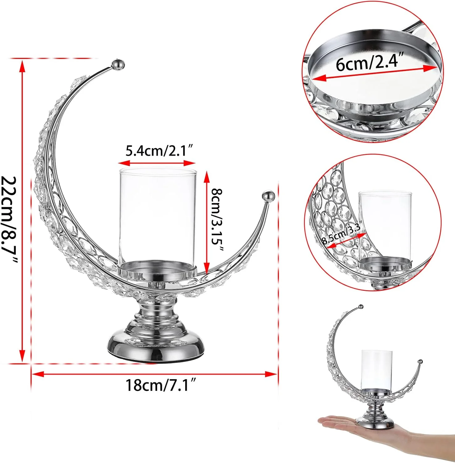 جاشمعی کریستالی ماه شکل OwnMy با پوشش شیشه ای، جاشمعی فلزی کریستالی ماه، شمعدان نذری، چراغ شمع برای دکور میز ناهارخوری عروسی (نقره ای) جاشمعی کریستالی ماه شکل OwnMy با پوشش شیشه ای، جاشمعی فلزی کریستالی ماه، شمعدان نذری، چراغ شمع برای دکور میز ناهارخوری عروسی (نقره ای)
