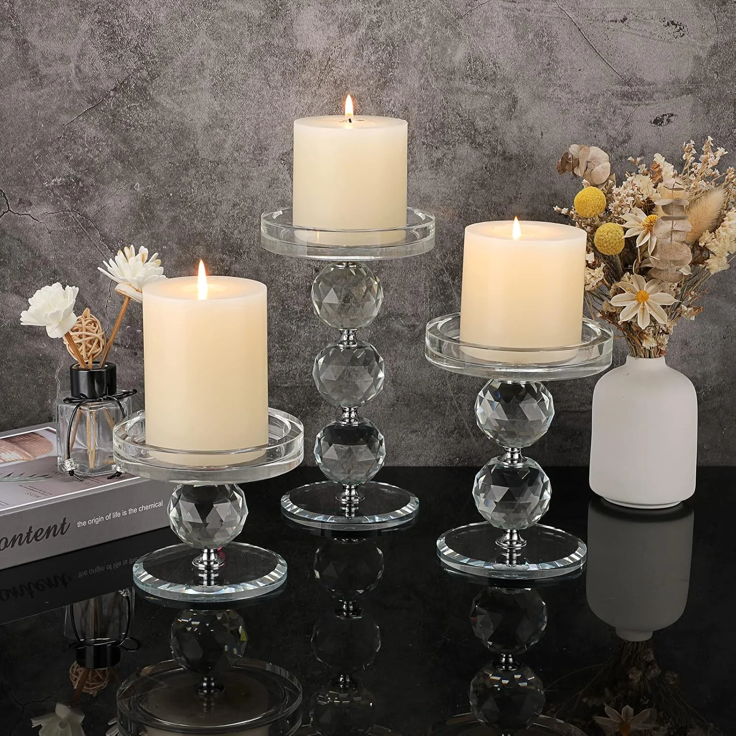 مجموعه 3 عددی شمعدان های کریستالی OwnMy، جا شمعی های پایه دار شیشه ای شفاف، ست های جا شمعی وارمر، شمعدان مدرن برای دکوراسیون اتاق نشیمن و عروسی