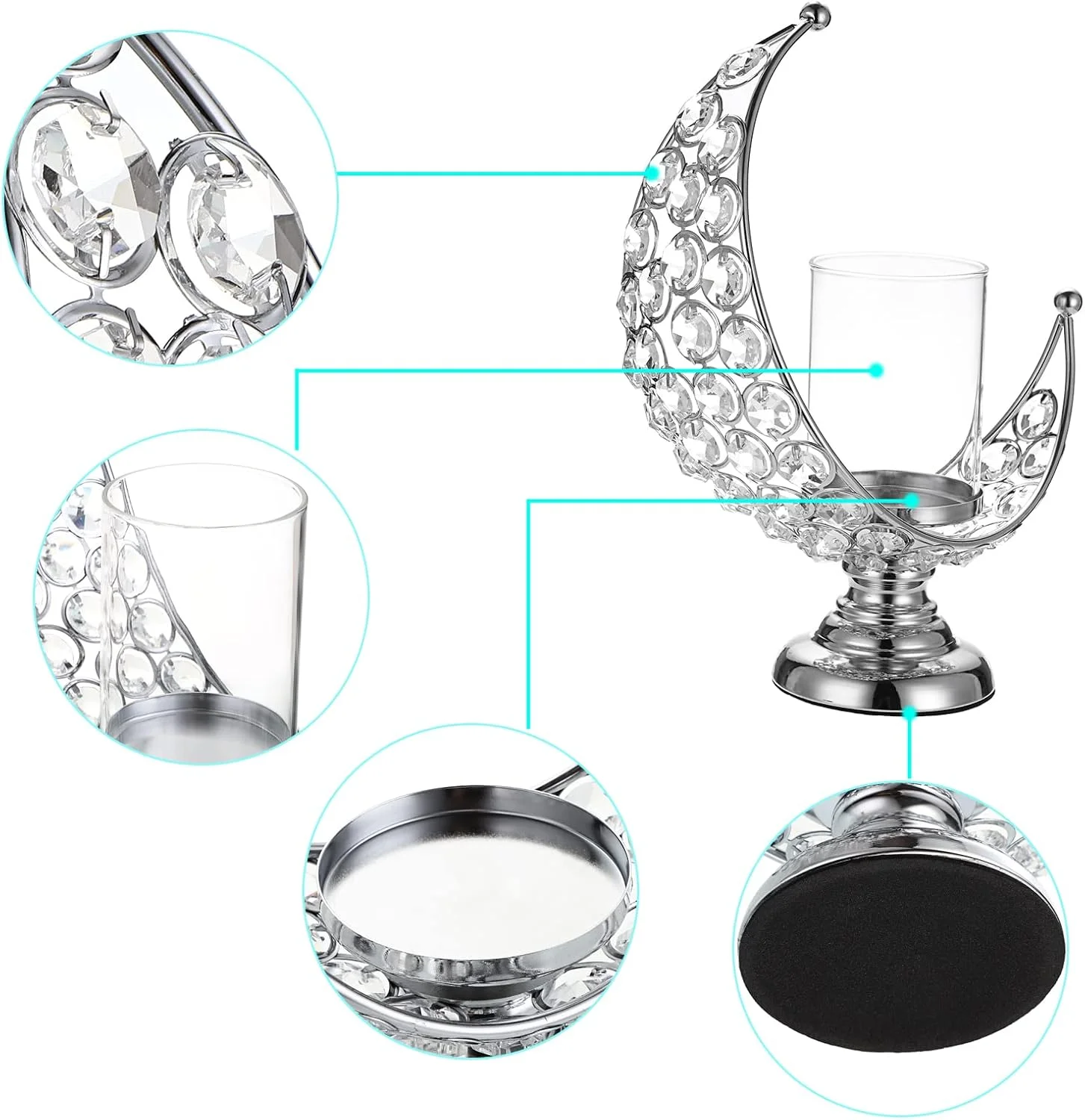 جاشمعی کریستالی ماه شکل OwnMy با پوشش شیشه ای، جاشمعی فلزی کریستالی ماه، شمعدان نذری، چراغ شمع برای دکور میز ناهارخوری عروسی (نقره ای) جاشمعی کریستالی ماه شکل OwnMy با پوشش شیشه ای، جاشمعی فلزی کریستالی ماه، شمعدان نذری، چراغ شمع برای دکور میز ناهارخوری عروسی (نقره ای)