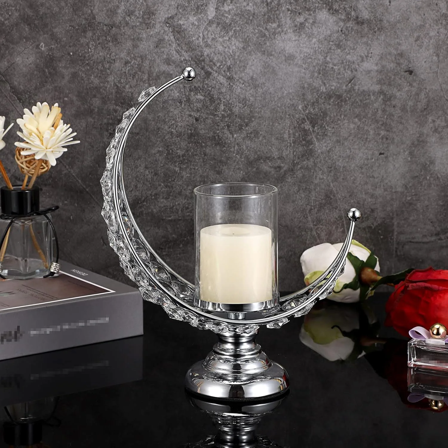 جاشمعی کریستالی ماه شکل OwnMy با پوشش شیشه ای، جاشمعی فلزی کریستالی ماه، شمعدان نذری، چراغ شمع برای دکور میز ناهارخوری عروسی (نقره ای) جاشمعی کریستالی ماه شکل OwnMy با پوشش شیشه ای، جاشمعی فلزی کریستالی ماه، شمعدان نذری، چراغ شمع برای دکور میز ناهارخوری عروسی (نقره ای)