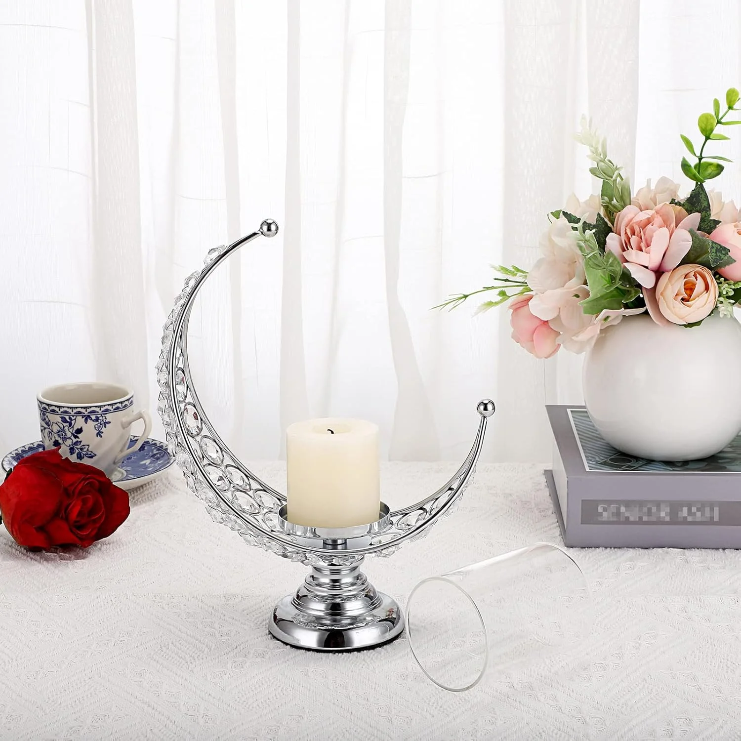 جاشمعی کریستالی ماه شکل OwnMy با پوشش شیشه ای، جاشمعی فلزی کریستالی ماه، شمعدان نذری، چراغ شمع برای دکور میز ناهارخوری عروسی (نقره ای) جاشمعی کریستالی ماه شکل OwnMy با پوشش شیشه ای، جاشمعی فلزی کریستالی ماه، شمعدان نذری، چراغ شمع برای دکور میز ناهارخوری عروسی (نقره ای)