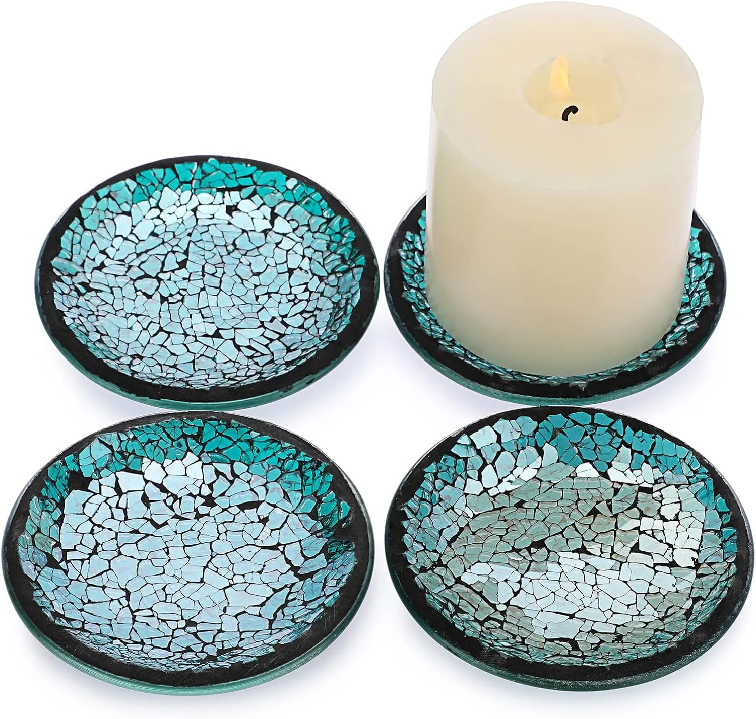 اونمای، ست 4 تایی بشقاب شیشهای موزاییکی آبی، زیر شمعی پایه دار 4 اینچی، زیر لیوانی شیشهای موزاییکی، سینی شمع گرد کوچک، پایه شمع شیشهای تزئینی برای دکور میز اونمای، ست 4 تایی بشقاب شیشهای موزاییکی آبی، زیر شمعی پایه دار 4 اینچی، زیر لیوانی شیشهای موزاییکی، سینی شمع گرد کوچک، پایه شمع شیشهای تزئینی برای دکور میز