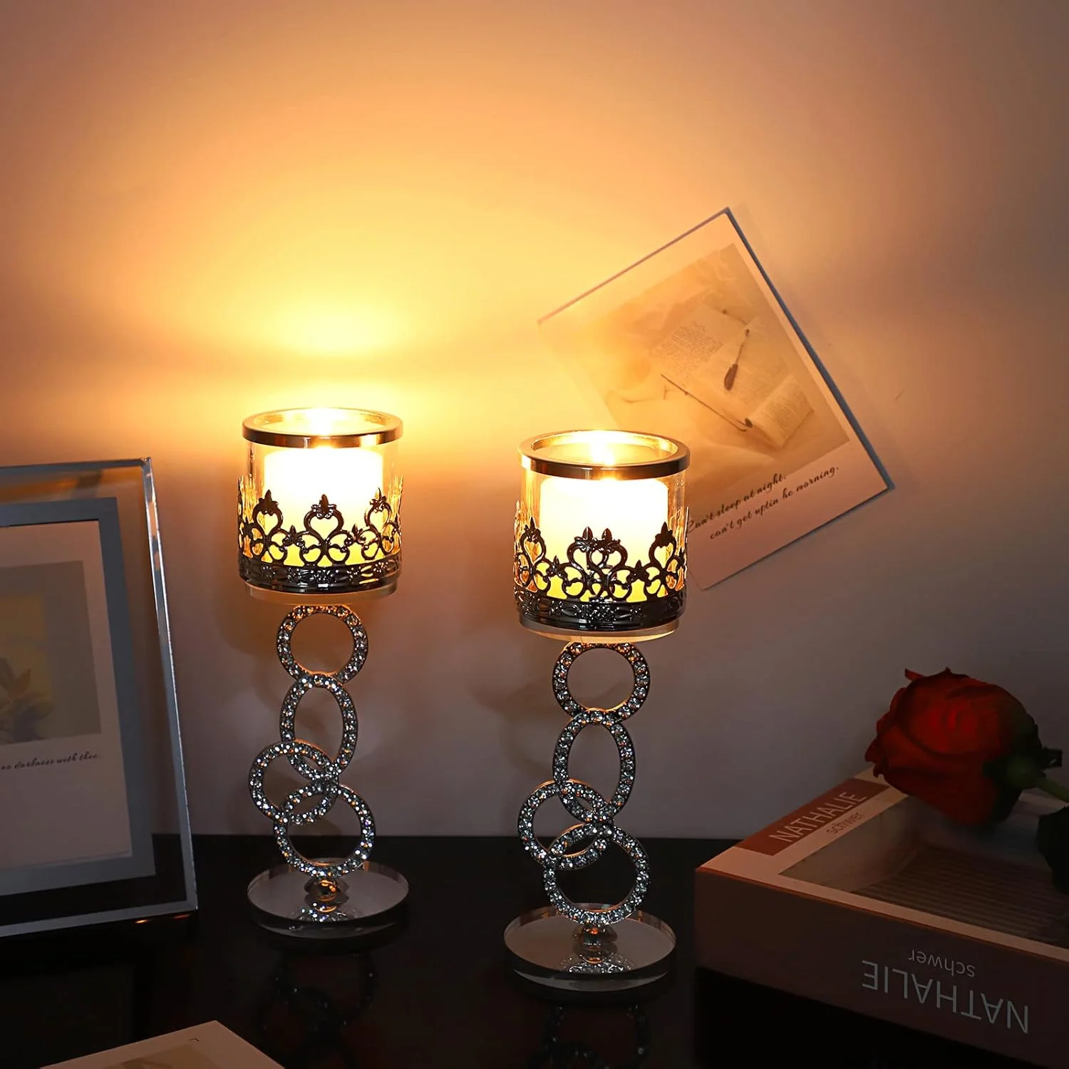 اونمای، ست 2 عددی جاشمعی کریستالی نقرهای، جاشمعی شیشهای وارمر با پوشش شیشهای، 21.5 سانتیمتری، شمعدان فلزی شیک برای دکور میز غذاخوری، دکور شمع عروسی اونمای، ست 2 عددی جاشمعی کریستالی نقرهای، جاشمعی شیشهای وارمر با پوشش شیشهای، 21.5 سانتیمتری، شمعدان فلزی شیک برای دکور میز غذاخوری، دکور شمع عروسی