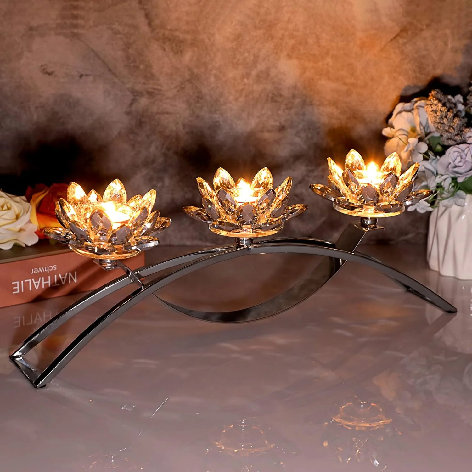 جاشمعی لوتوس کریستالی سه شاخه OwnMy، جای شمعی لوتوس کریستالی، شمعدان لوتوس کریستالی تزئینی سه شاخه، شمعدان لوتوس کریستالی فلزی برای دکور میز