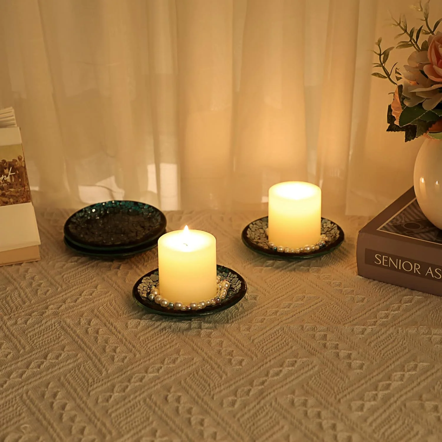 اونمای، ست 4 تایی بشقاب شیشهای موزاییکی آبی، زیر شمعی پایه دار 4 اینچی، زیر لیوانی شیشهای موزاییکی، سینی شمع گرد کوچک، پایه شمع شیشهای تزئینی برای دکور میز اونمای، ست 4 تایی بشقاب شیشهای موزاییکی آبی، زیر شمعی پایه دار 4 اینچی، زیر لیوانی شیشهای موزاییکی، سینی شمع گرد کوچک، پایه شمع شیشهای تزئینی برای دکور میز