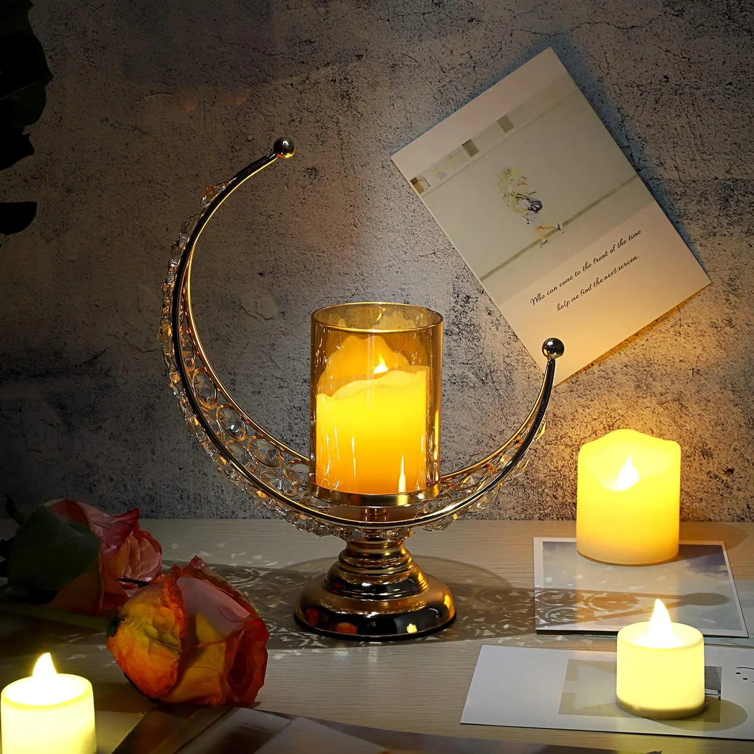 اونمی ست 2 عددی جا شمعی ماه طلایی با روکش شیشه ای، جا شمعی کریستالی فلزی ماه، شمعدان نذری، چراغ شمعی برای تزیین میز اونمی ست 2 عددی جا شمعی ماه طلایی با روکش شیشه ای، جا شمعی کریستالی فلزی ماه، شمعدان نذری، چراغ شمعی برای تزیین میز