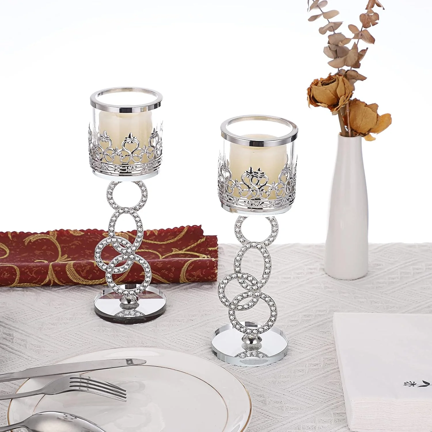 اونمای، ست 2 عددی جاشمعی کریستالی نقرهای، جاشمعی شیشهای وارمر با پوشش شیشهای، 21.5 سانتیمتری، شمعدان فلزی شیک برای دکور میز غذاخوری، دکور شمع عروسی اونمای، ست 2 عددی جاشمعی کریستالی نقرهای، جاشمعی شیشهای وارمر با پوشش شیشهای، 21.5 سانتیمتری، شمعدان فلزی شیک برای دکور میز غذاخوری، دکور شمع عروسی