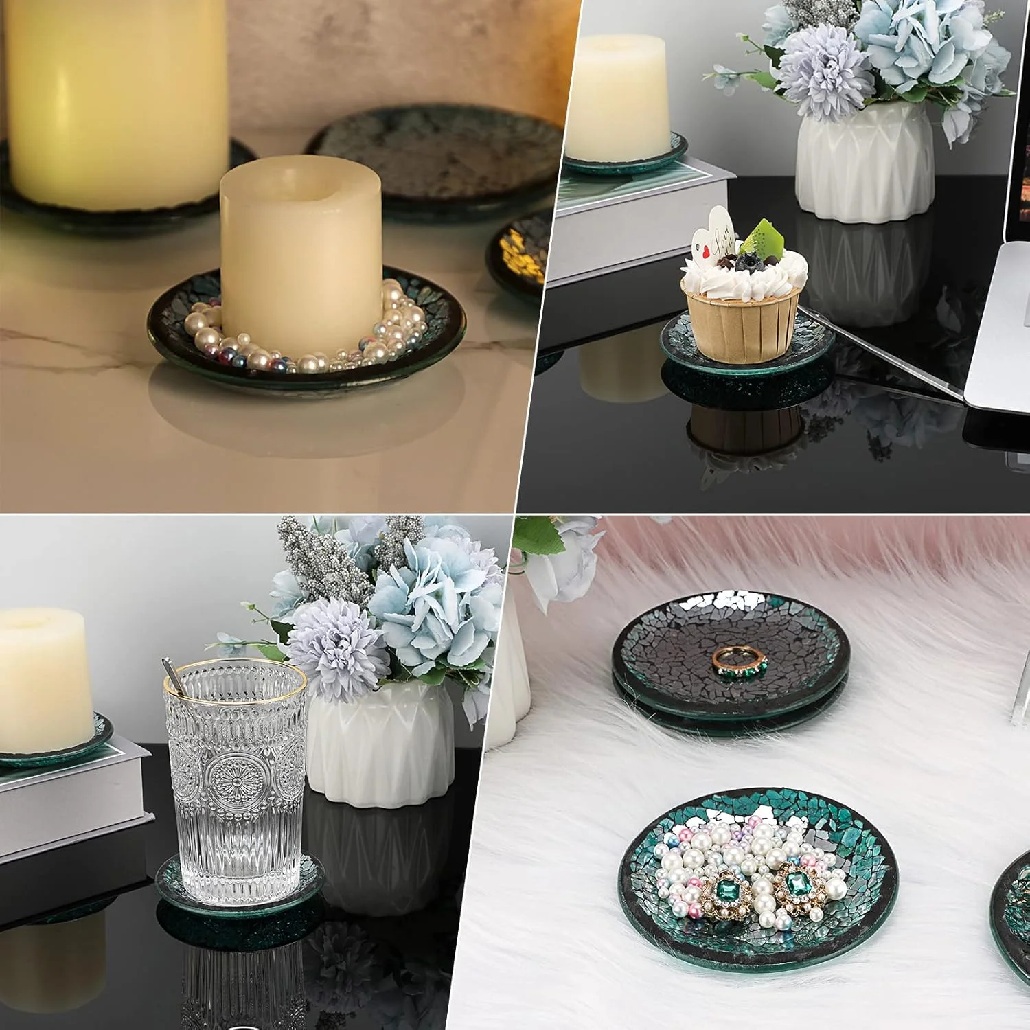 اونمای، ست 4 تایی بشقاب شیشهای موزاییکی آبی، زیر شمعی پایه دار 4 اینچی، زیر لیوانی شیشهای موزاییکی، سینی شمع گرد کوچک، پایه شمع شیشهای تزئینی برای دکور میز اونمای، ست 4 تایی بشقاب شیشهای موزاییکی آبی، زیر شمعی پایه دار 4 اینچی، زیر لیوانی شیشهای موزاییکی، سینی شمع گرد کوچک، پایه شمع شیشهای تزئینی برای دکور میز