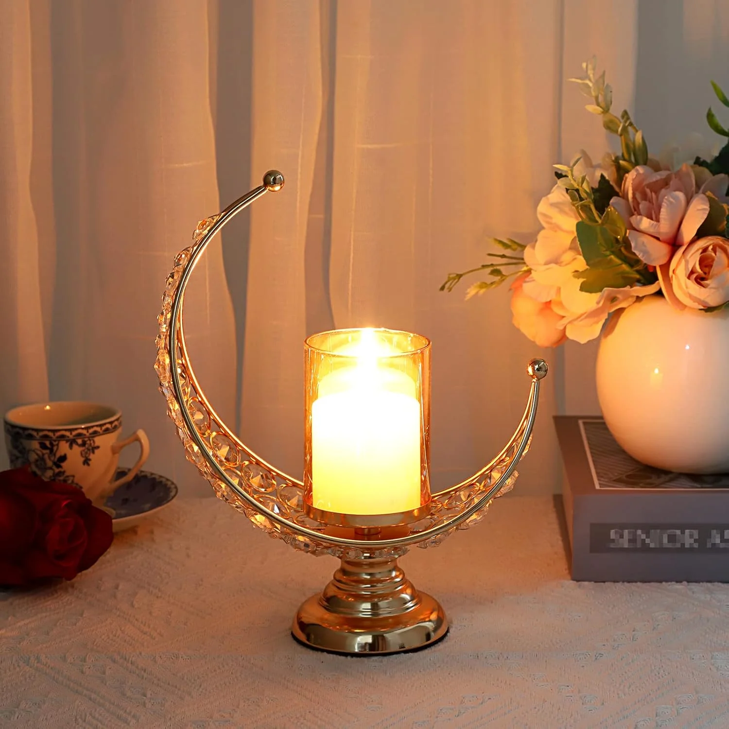 اونمی ست 2 عددی جا شمعی ماه طلایی با روکش شیشه ای، جا شمعی کریستالی فلزی ماه، شمعدان نذری، چراغ شمعی برای تزیین میز اونمی ست 2 عددی جا شمعی ماه طلایی با روکش شیشه ای، جا شمعی کریستالی فلزی ماه، شمعدان نذری، چراغ شمعی برای تزیین میز