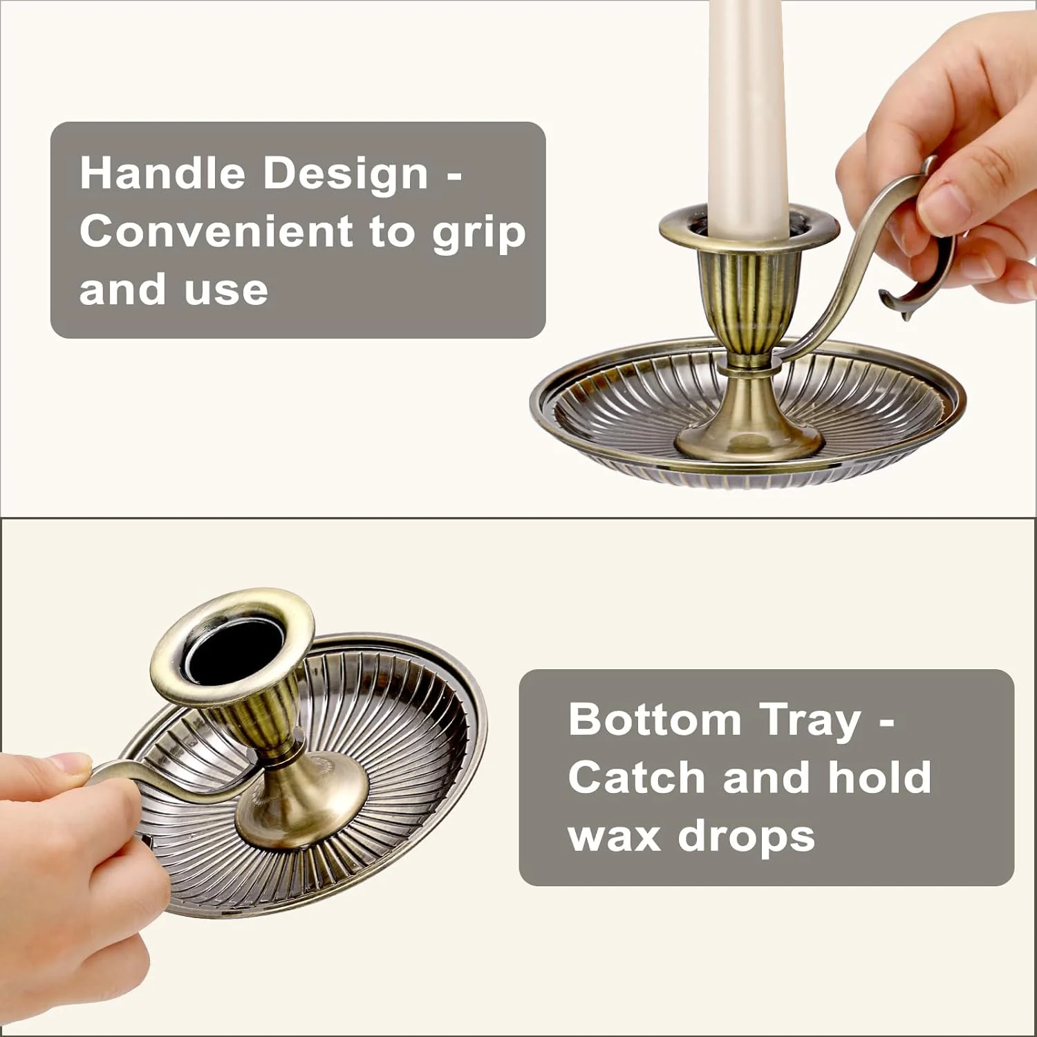 جاشمعی برنجی عتیقه OwnMy، جاشمعی شمعدان باریک با دسته حمل و سینی زیرین، پایه شمعدان باریک زیبا برای دکوراسیون میز ناهارخوری عروسی، برنزی