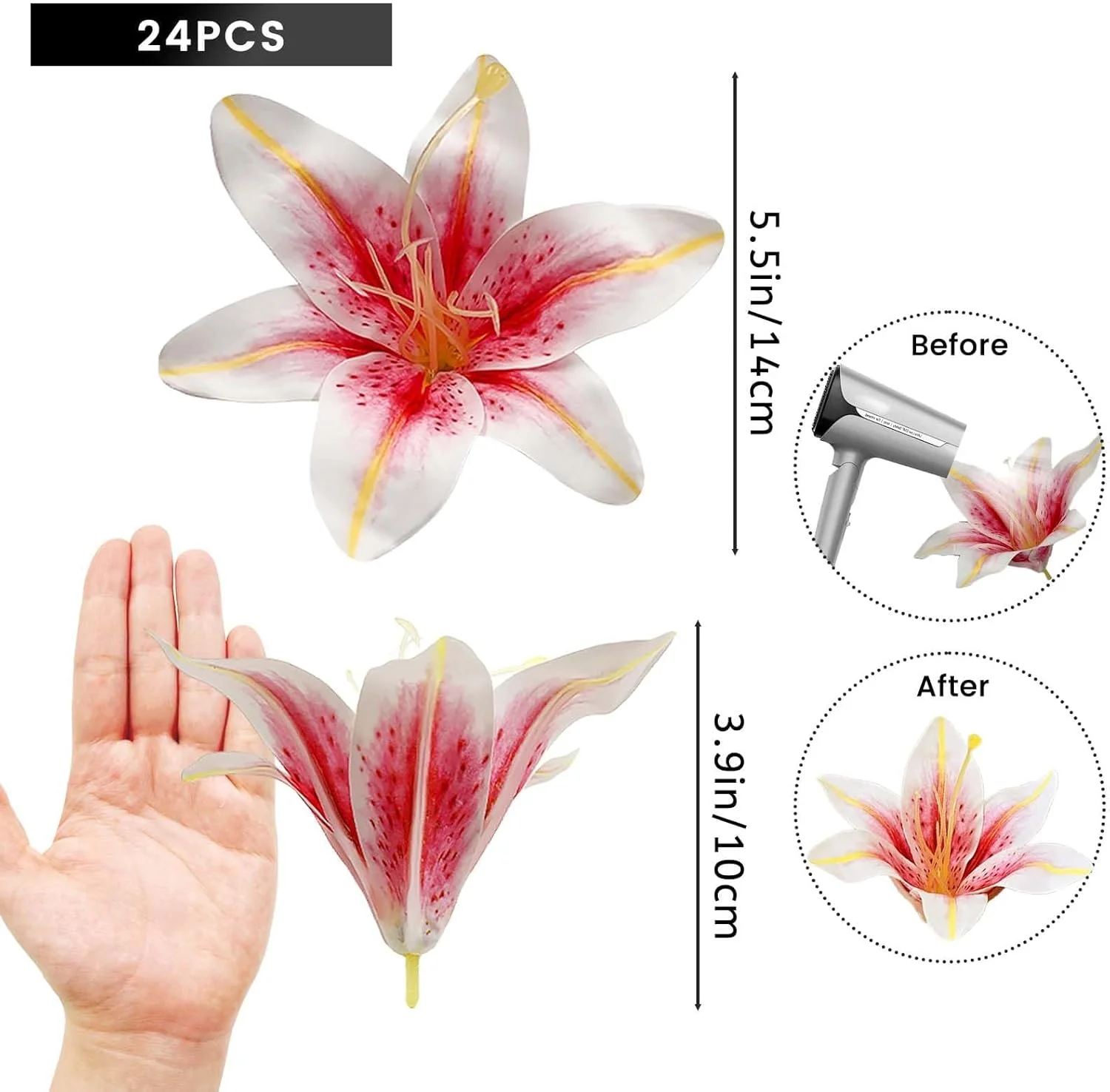 24 عدد گل سر لیلیوم مصنوعی ابریشمی واقعی 14 سانتی متری - گرادیان صورتی به سفید، شکوفه های بزرگ لیلیوم مصنوعی برای دکوراسیون عروسی، صنایع دستی DIY، تزیینات میز، چیدمان گل