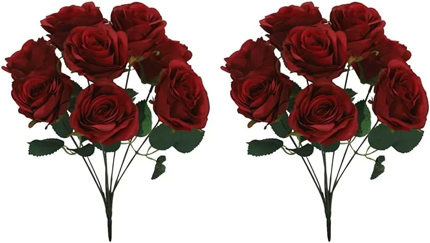 یاتای، دسته گل مصنوعی 2 عددی، دسته گل رز قرمز ابریشمی، بادوام و واقعی، گل های مصنوعی با نگهداری آسان، گل های مصنوعی لمسی واقعی برای دکوراسیون، سالگرد عروسی، دکوراسیون منزل و دفتر کار