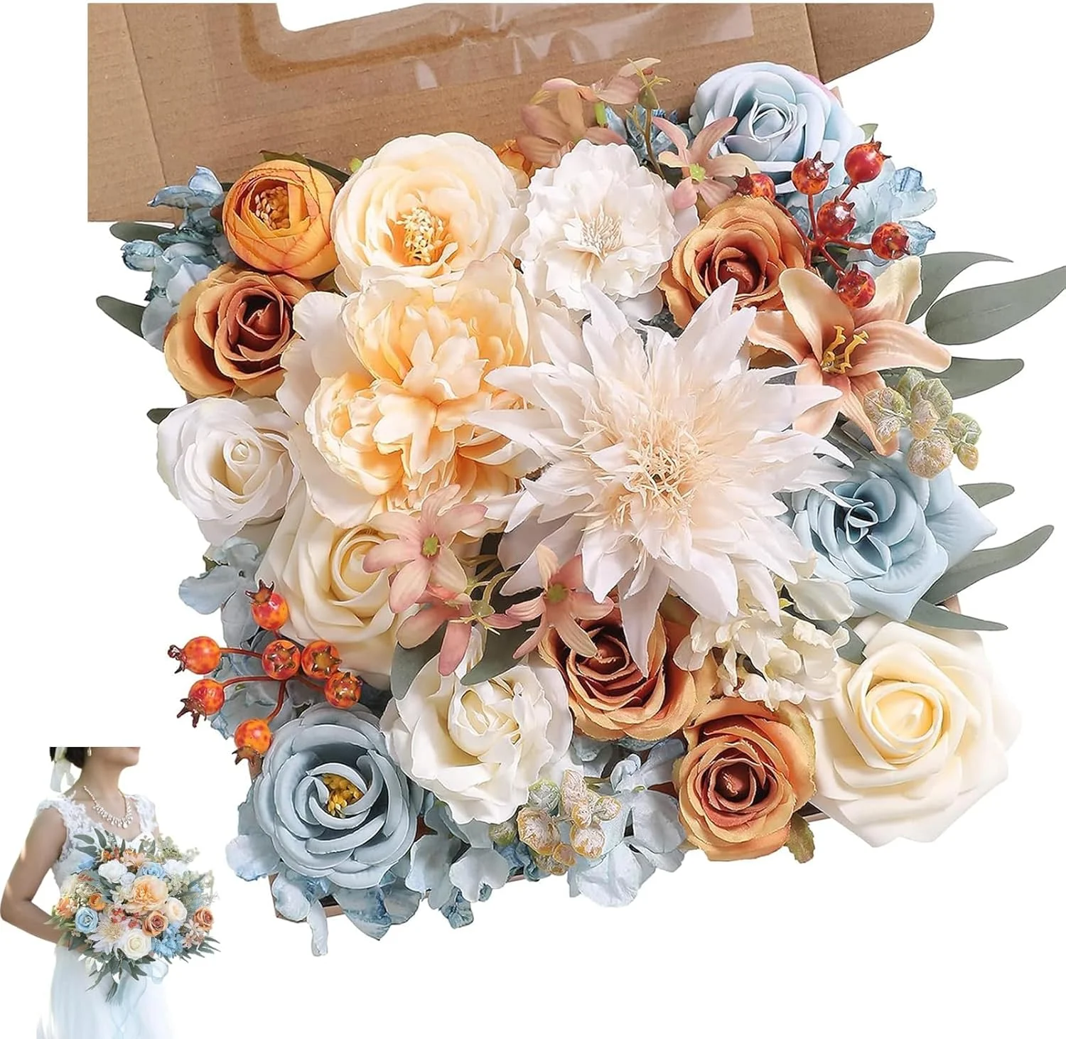ست جعبه ای گل های مصنوعی، 26 عدد گل رز ابریشمی آبی و سفید، گل کوکب، گل ادریسی، دسته گل ترکیبی مصنوعی برای دسته گل عروس DIY، جشن نوزاد، گل آرایی ست جعبه ای گل های مصنوعی، 26 عدد گل رز ابریشمی آبی و سفید، گل کوکب، گل ادریسی، دسته گل ترکیبی مصنوعی برای دسته گل عروس DIY، جشن نوزاد، گل آرایی