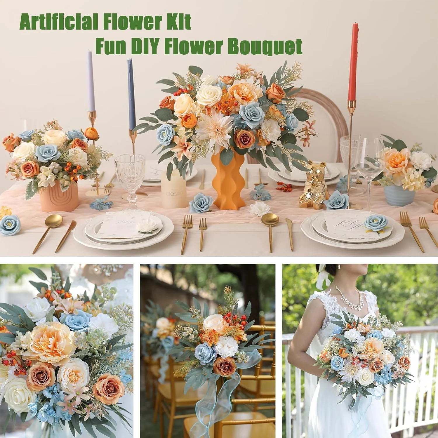 ست جعبه ای گل های مصنوعی، 26 عدد گل رز ابریشمی آبی و سفید، گل کوکب، گل ادریسی، دسته گل ترکیبی مصنوعی برای دسته گل عروس DIY، جشن نوزاد، گل آرایی