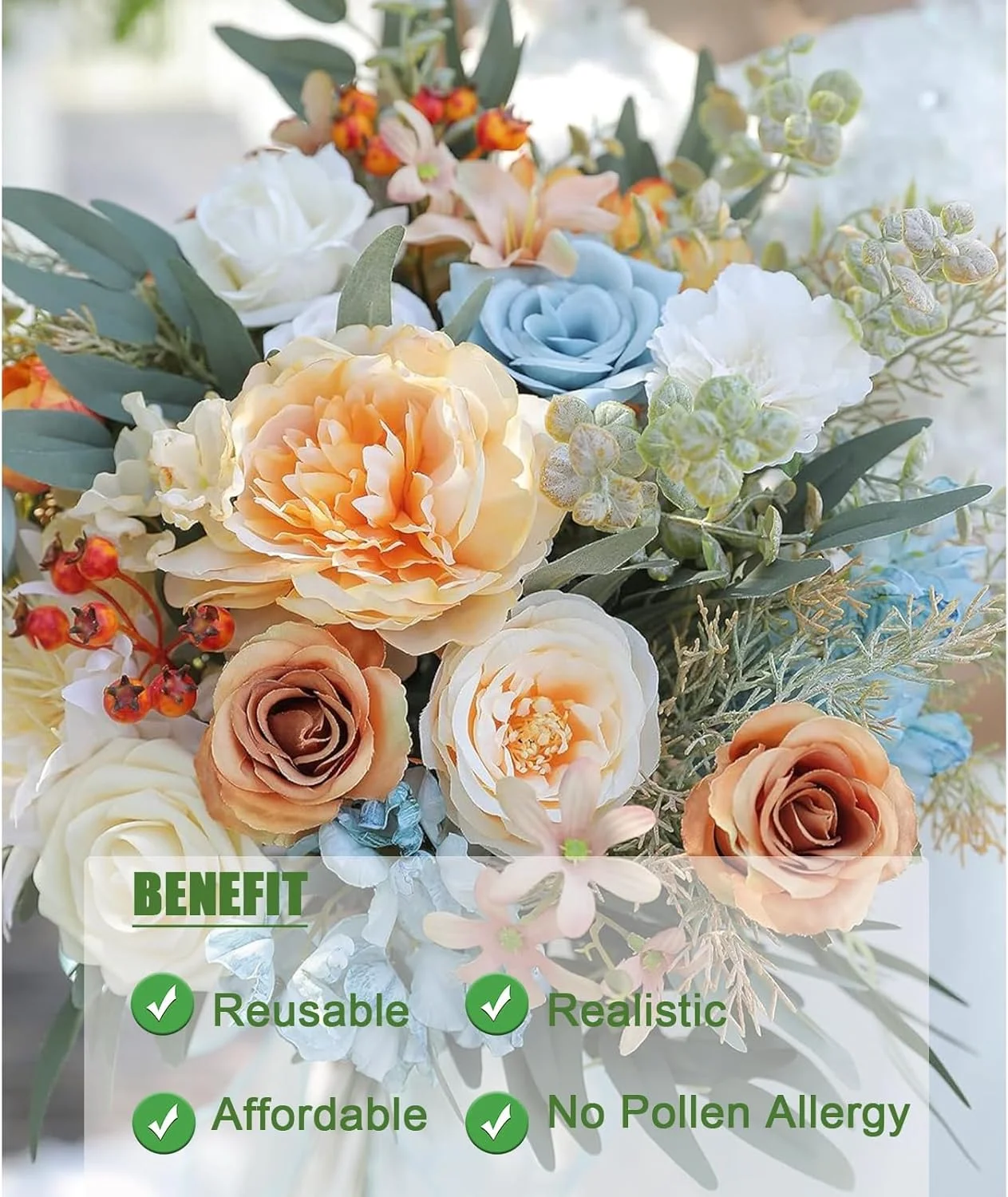 ست جعبه ای گل های مصنوعی، 26 عدد گل رز ابریشمی آبی و سفید، گل کوکب، گل ادریسی، دسته گل ترکیبی مصنوعی برای دسته گل عروس DIY، جشن نوزاد، گل آرایی