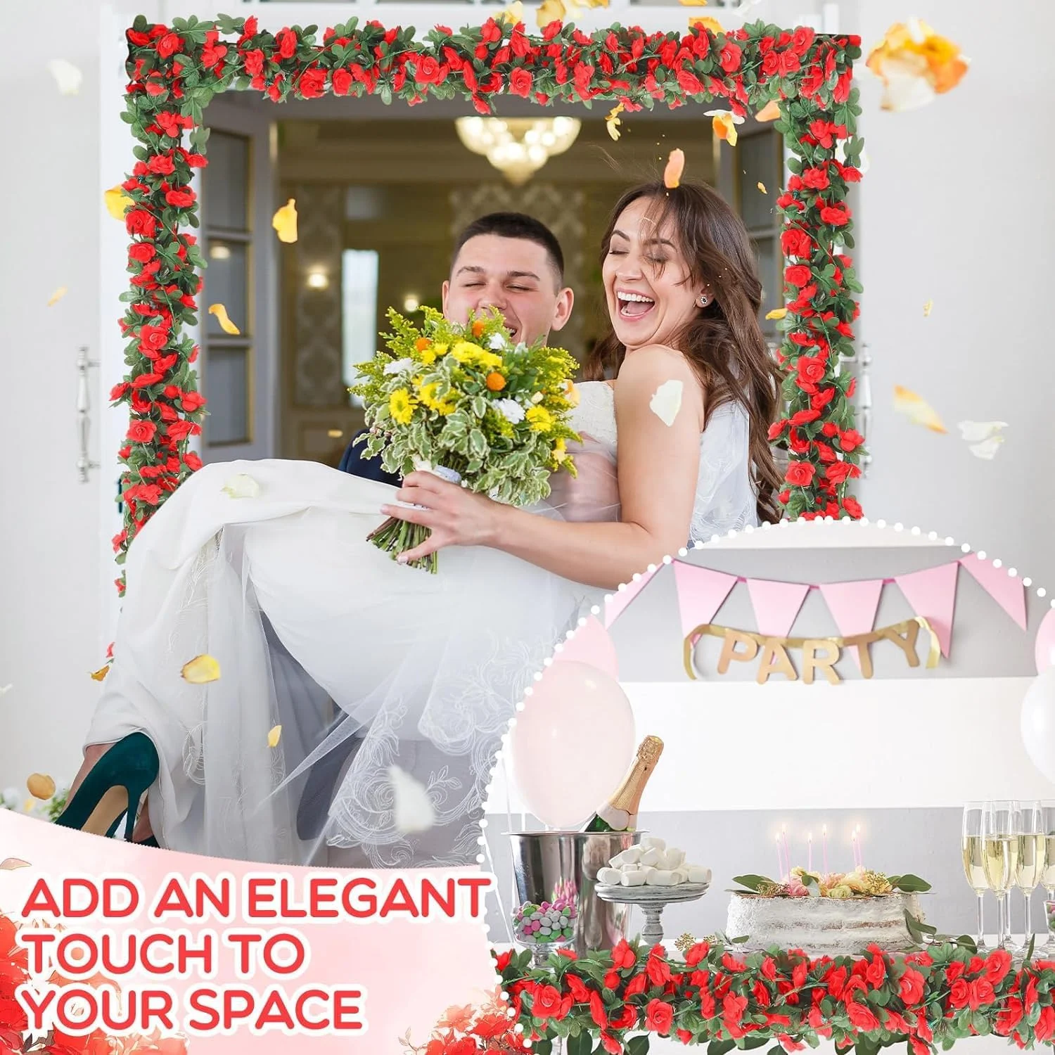 دسته گل مصنوعی، 8 عدد تاک رز 19 متری گل و برگ ابریشمی مصنوعی، آویز دسته گل رز برای دکور اتاق، پس زمینه دیوار، پس زمینه مهمانی طاق عروسی، گل قرمز بهاری، دسته گل رز