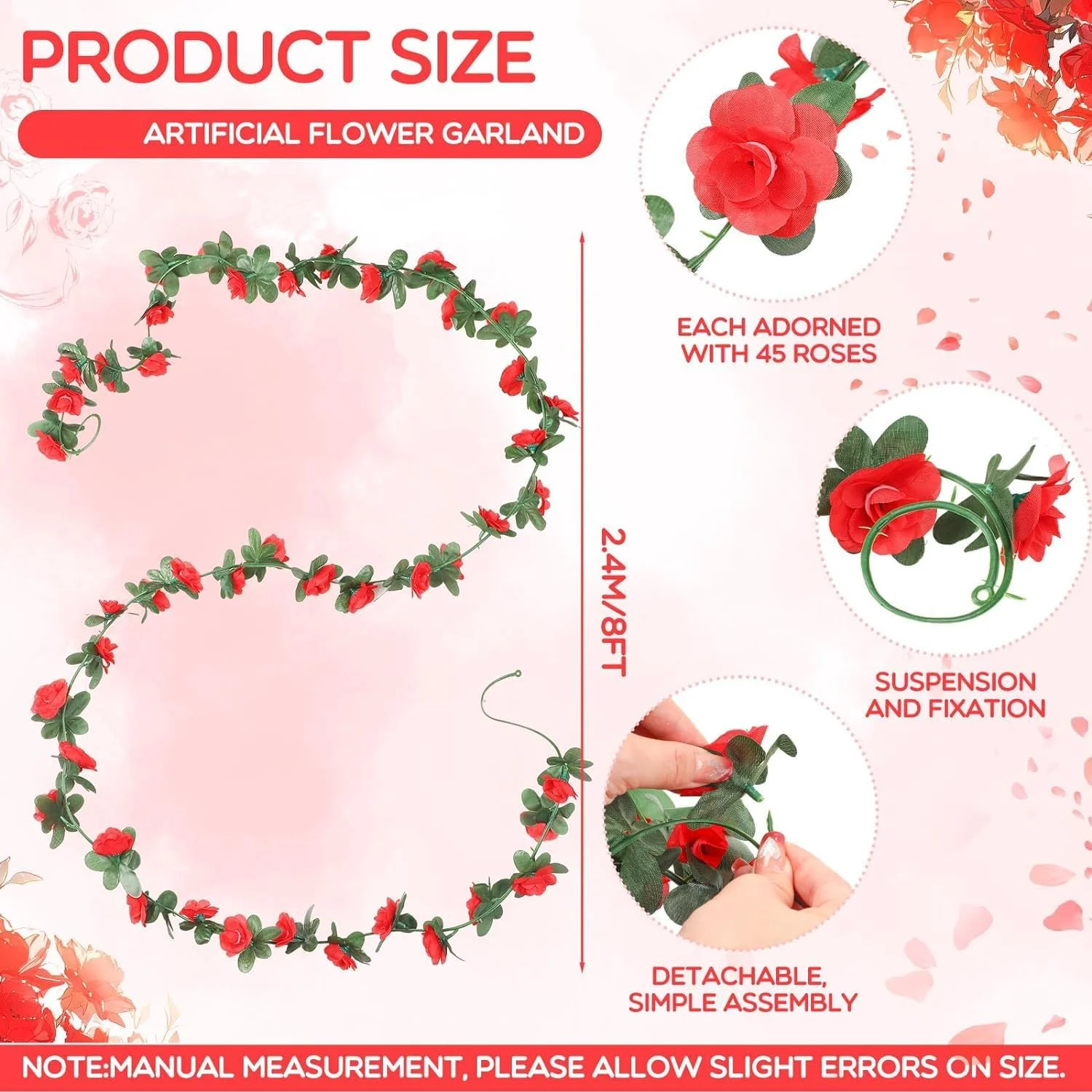 دسته گل مصنوعی، 8 عدد تاک رز 19 متری گل و برگ ابریشمی مصنوعی، آویز دسته گل رز برای دکور اتاق، پس زمینه دیوار، پس زمینه مهمانی طاق عروسی، گل قرمز بهاری، دسته گل رز