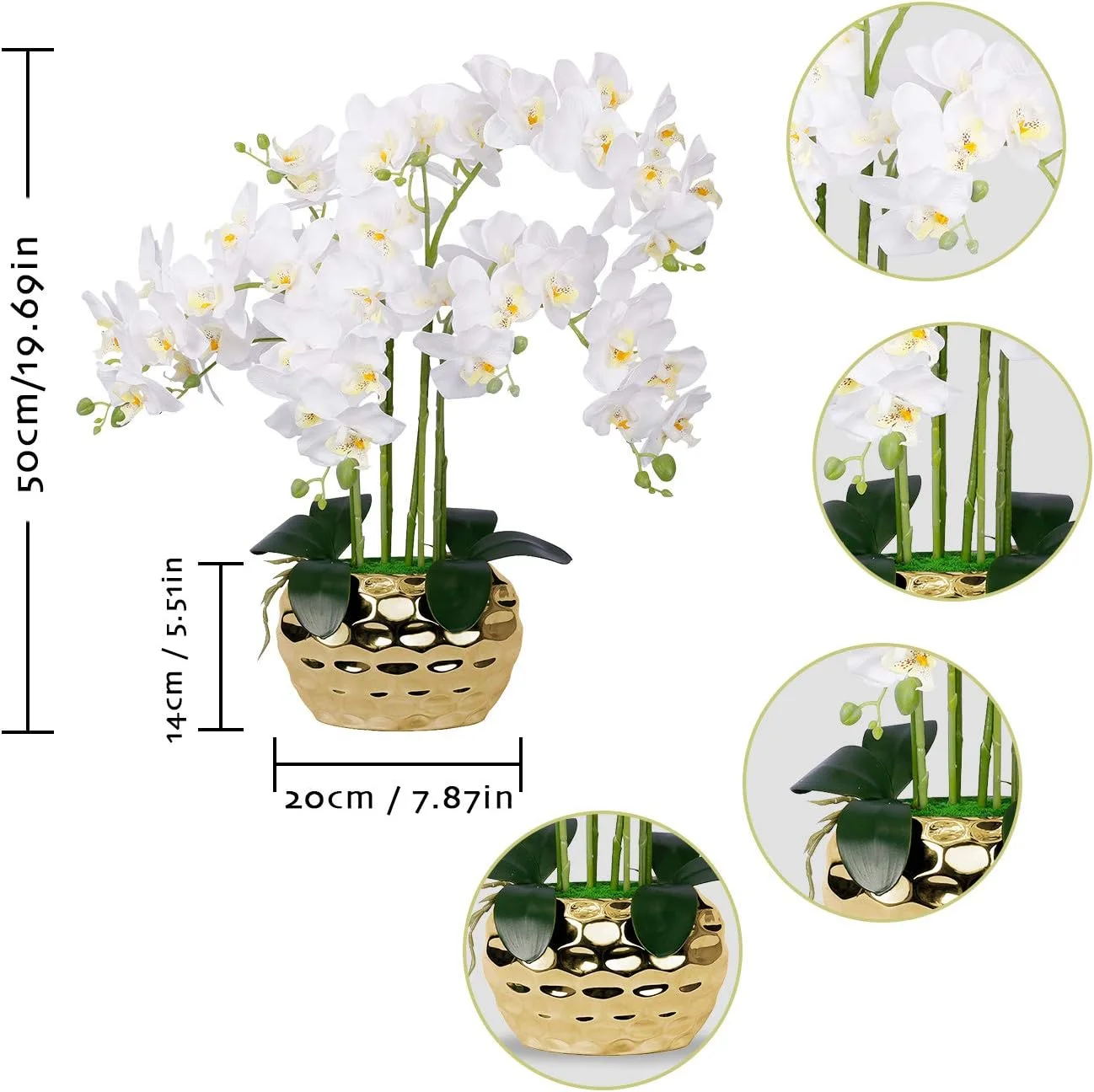 ارکیده مصنوعی در گلدان طلایی، ارکیده سفید ابریشمی، گیاه ارکیده مصنوعی در گلدان طلایی، چیدمان گل مصنوعی، گل های سفید مصنوعی برای دکوراسیون، دکوراسیون منزل، دکوراسیون آشپزخانه، تزیین میز