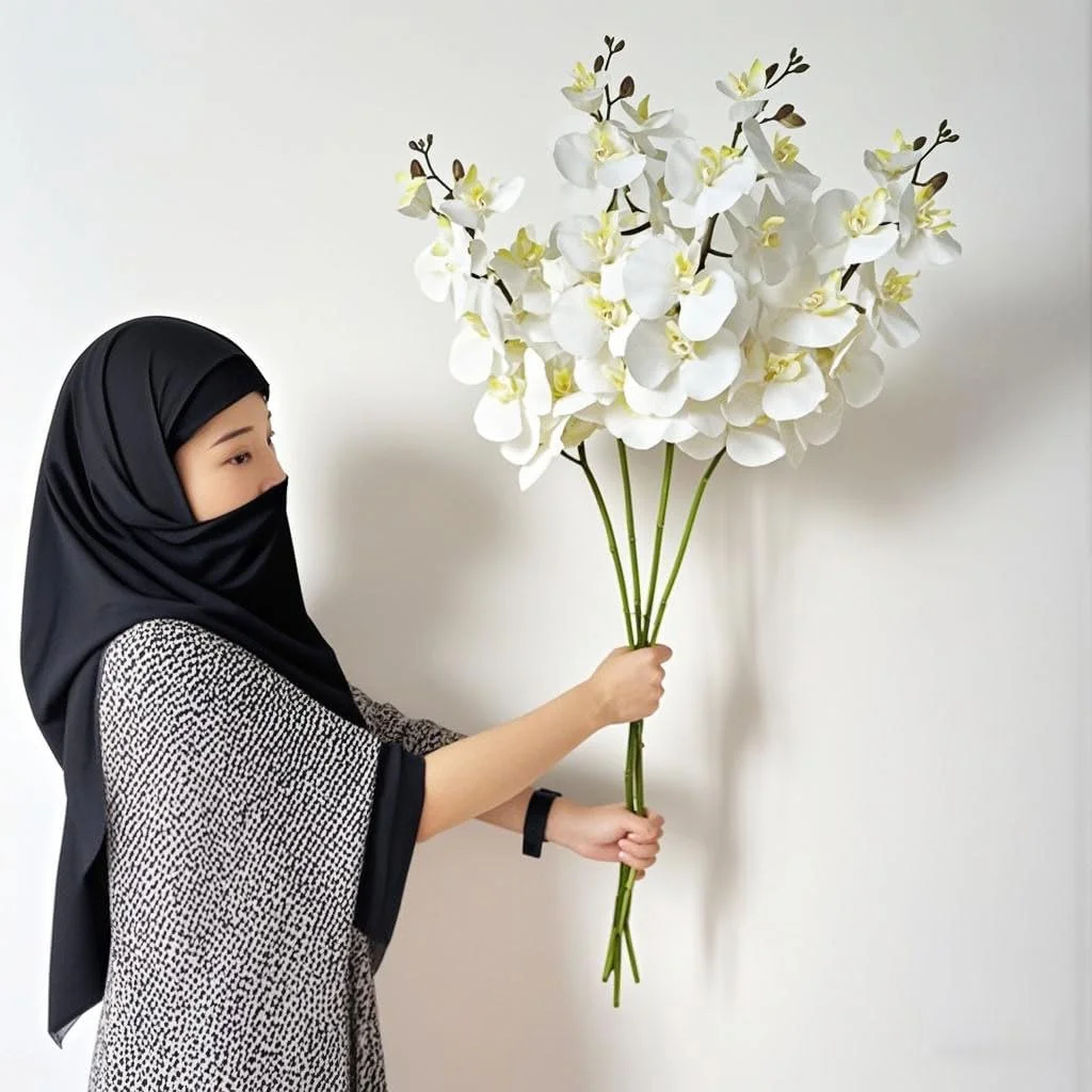 گل مصنوعی ارکیده 4 شاخه گل فالانوپسیس، گل های شکوفه مصنوعی 94 سانتی متری، گیاهان ساقه بلند نه سر برای خانه، دکوراسیون عروسی (سفید)