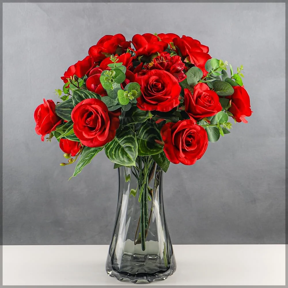 دسته گل مصنوعی یاتای، گل رز قرمز ابریشمی واقعی، گل مصنوعی بدون نیاز به نگهداری، گل های مصنوعی بادوام و ماندگار برای گلدان، ایده آل برای دکوراسیون منزل و دفتر